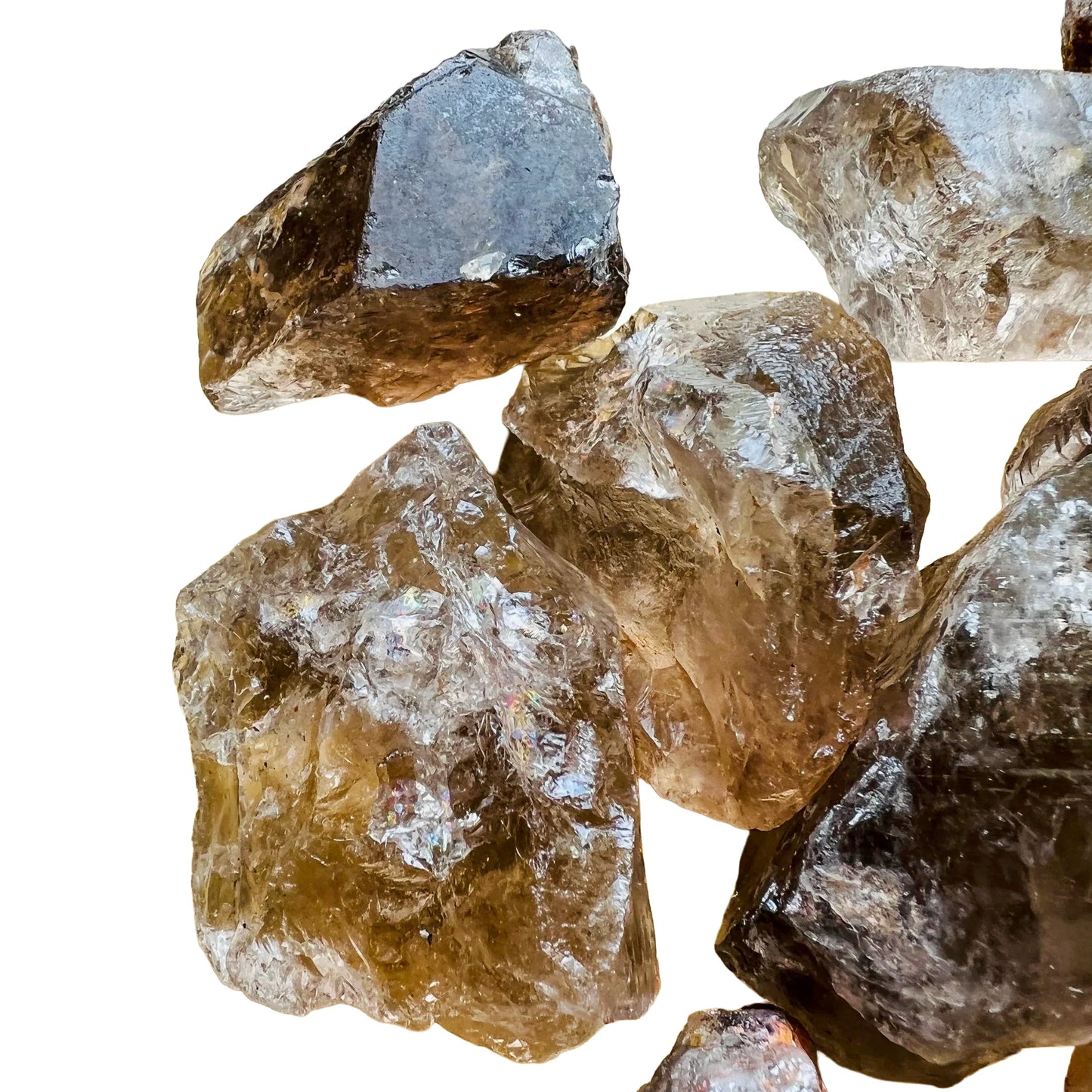 Lateral view of Smoky Quartz raw stone, showing natural variation, hand-selected from Minas Gerais, Brazil.
