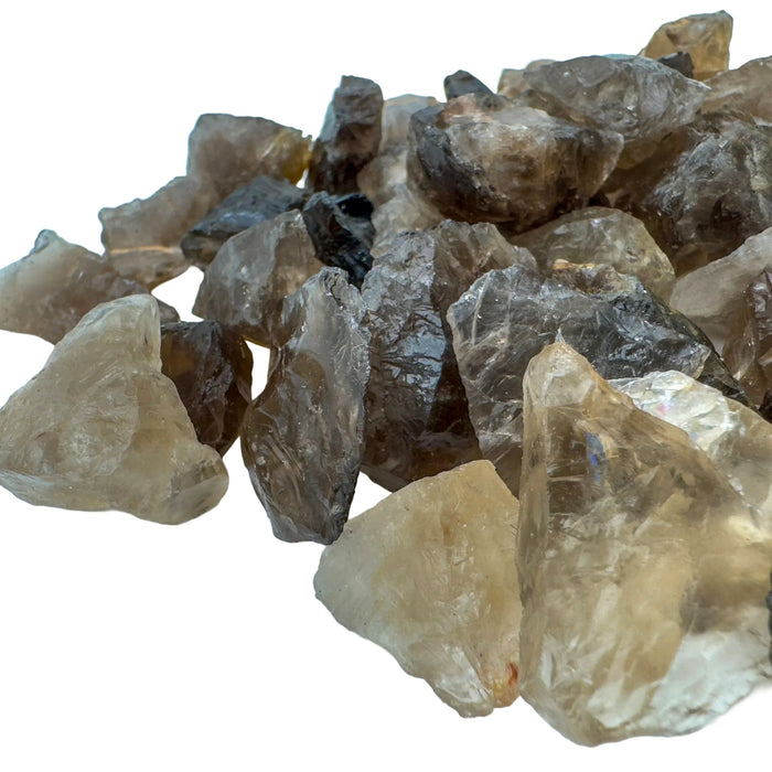 Profile shot of Smoky Quartz raw stone, showing natural patina, Madagascar-sourced.