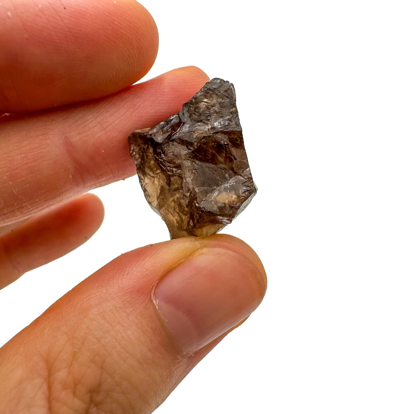 Held in palm of a Smoky Quartz raw crystal, from Alaotra-Mangoro, Madagascar, showing the piece in repose.