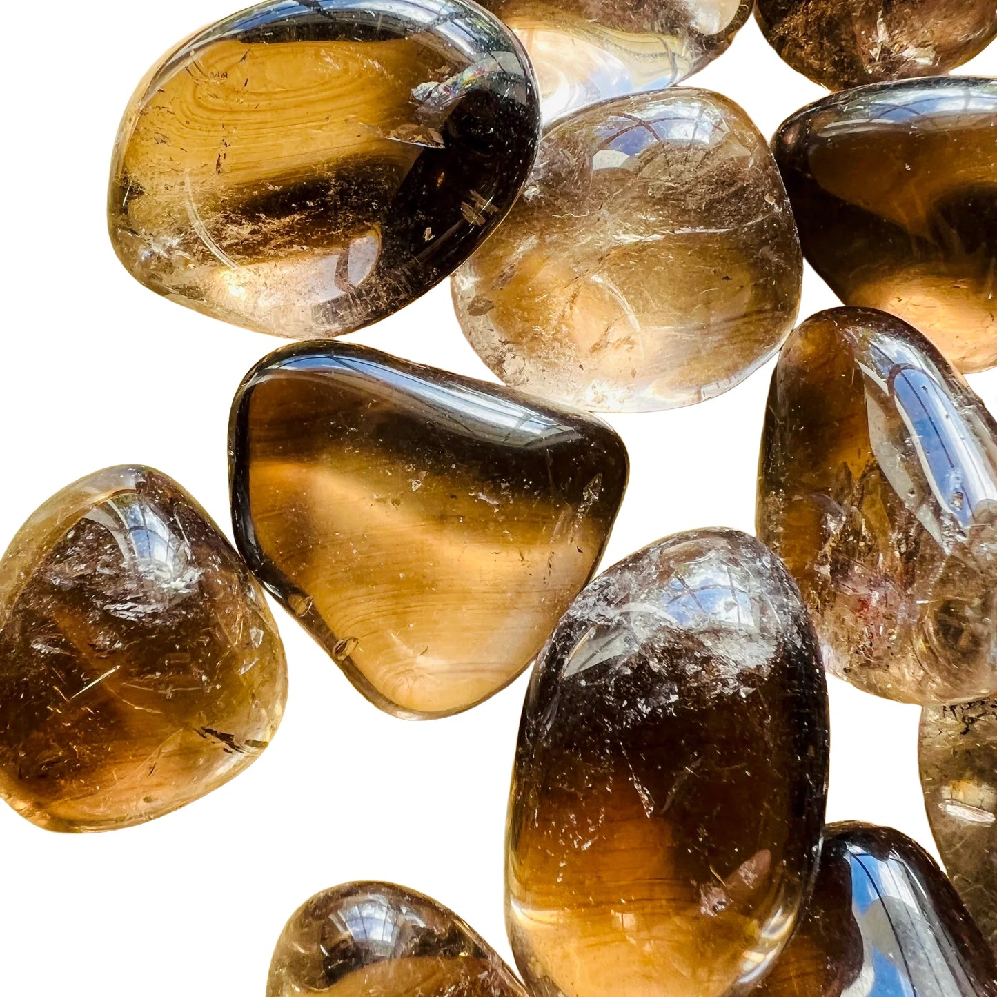Side profile of brown Smoky Quartz tumbled stone, from Minas Gerais, Brazil.