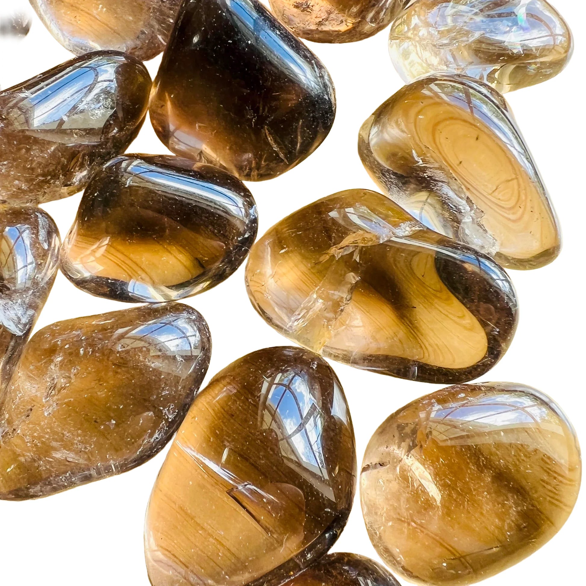 Underside view of Grade AAA Smoky Quartz tumbled stone, showing glassy finish, from Brazil.