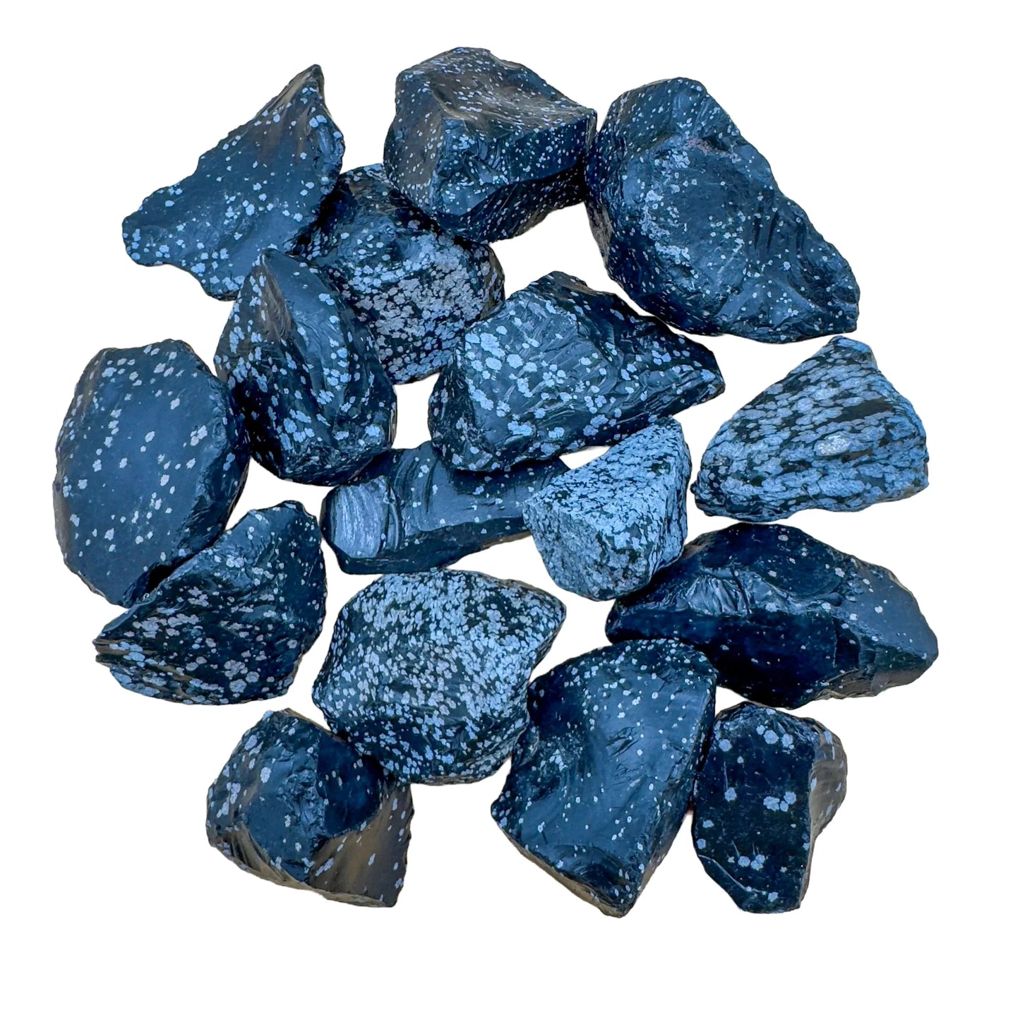 Color detail of Snowflake Obsidian raw stone, showing natural color depth, for Grounding and Emotional Healing.