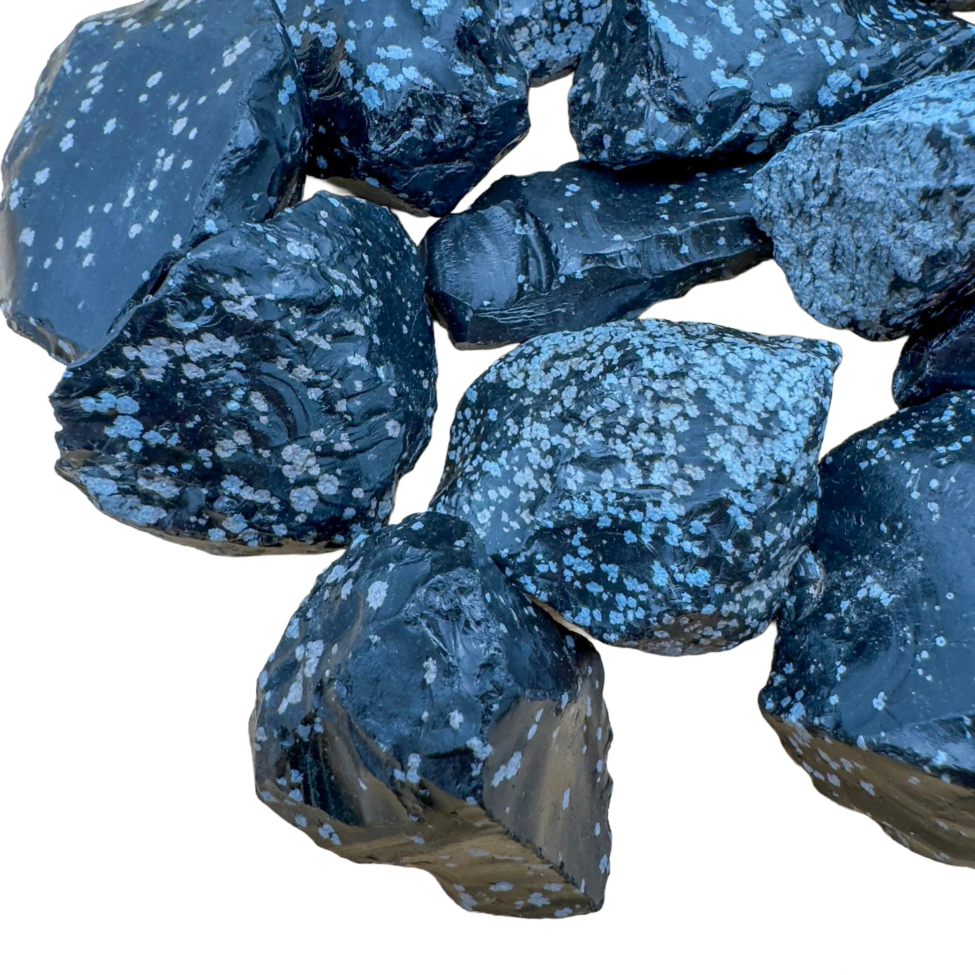 Plan view of black Snowflake Obsidian raw stone, from Utah, United States, kept near for Grounding.