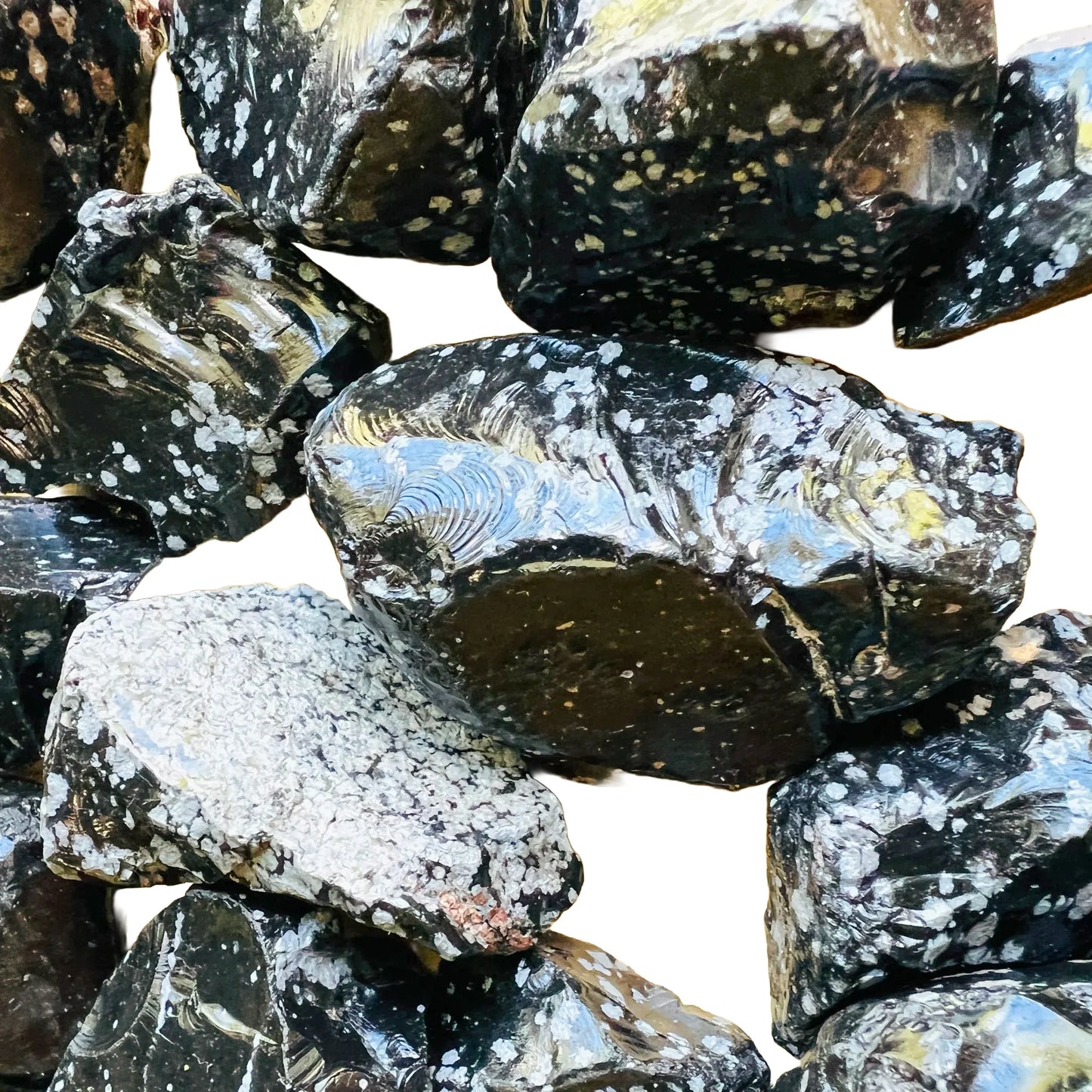 Reverse side of Snowflake Obsidian raw stone, hand-selected from Utah, United States, kept near for Grounding.