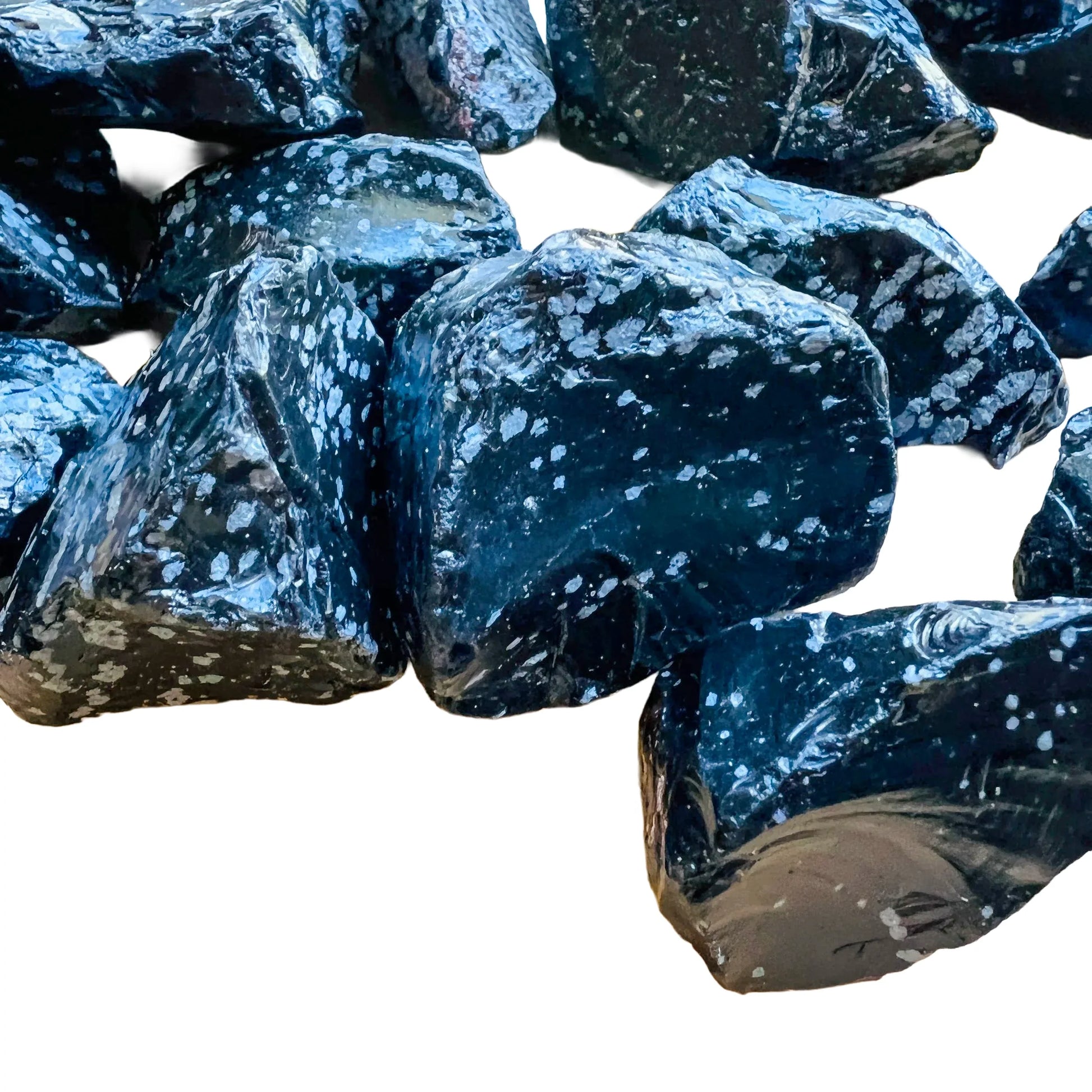 Hand-held view of a Snowflake Obsidian raw stone held against natural backdrop, United States-sourced.