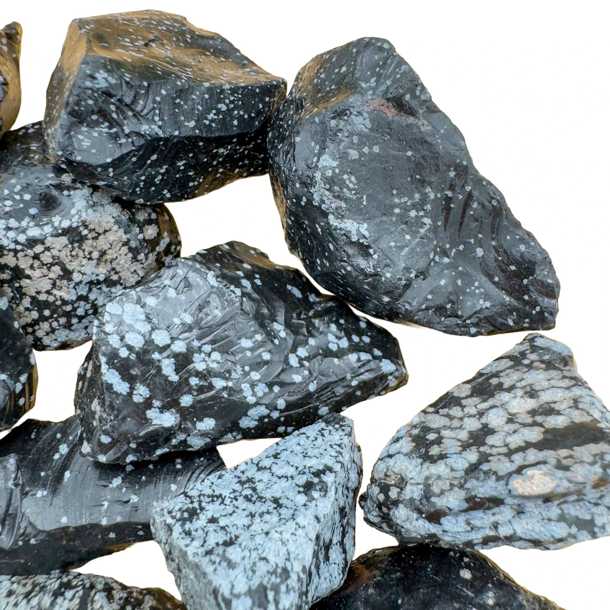 Back view of Grade AA Snowflake Obsidian raw showing natural surface
