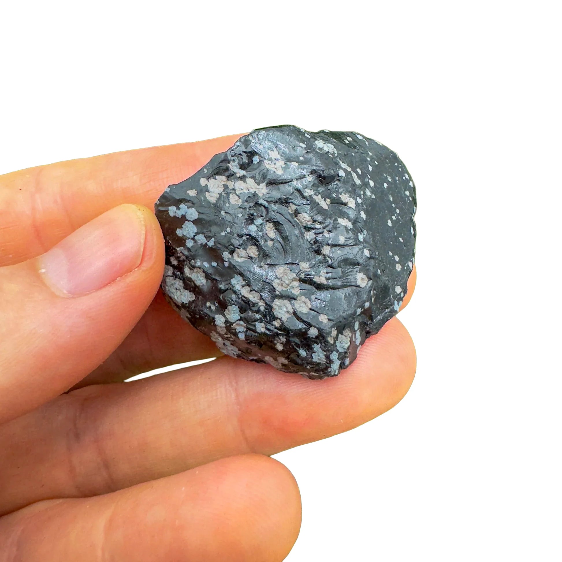 Full profile of Grade AA Snowflake Obsidian raw ready to ship from Beyond Bohemian