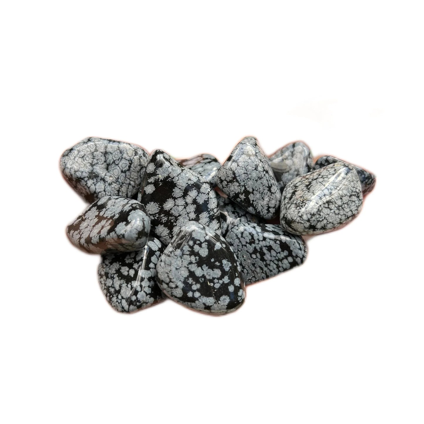 Full profile of Grade AA Snowflake Obsidian tumbled stone ready to ship from Beyond Bohemian