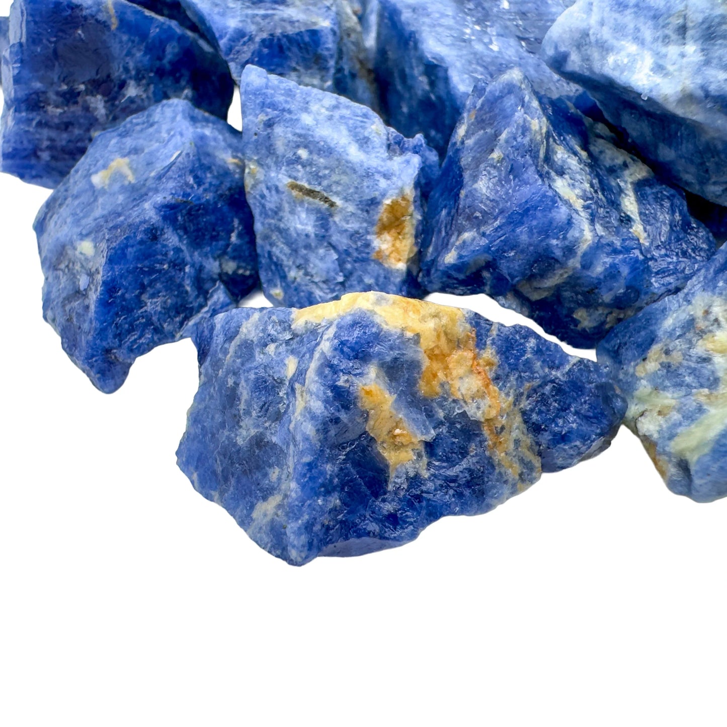 Overhead angle of Sodalite raw stone, sourced from Bahia, Brazil, to support Intuition and Focus.