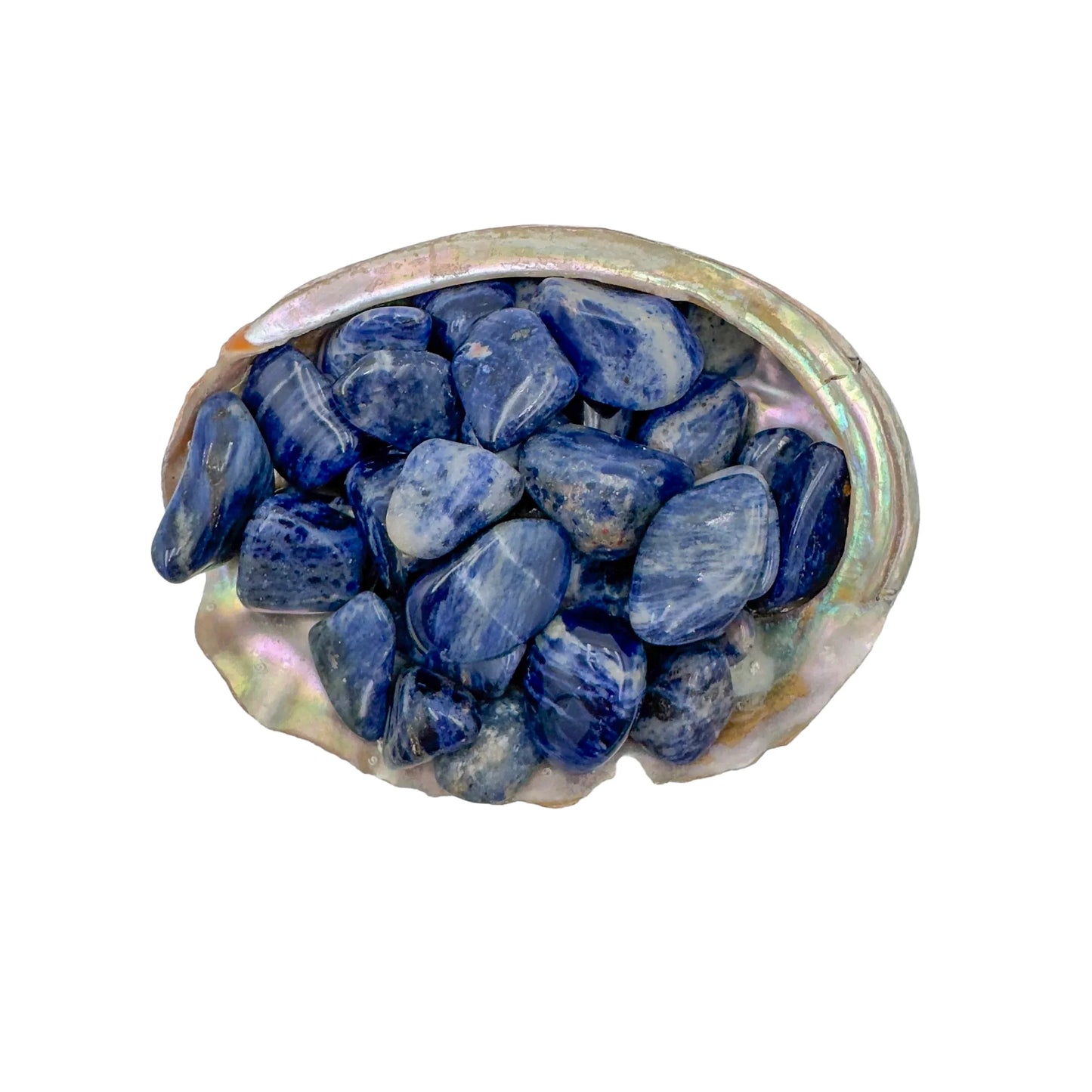 Detail of blue Sodalite tumbled stone, showing soft luster.