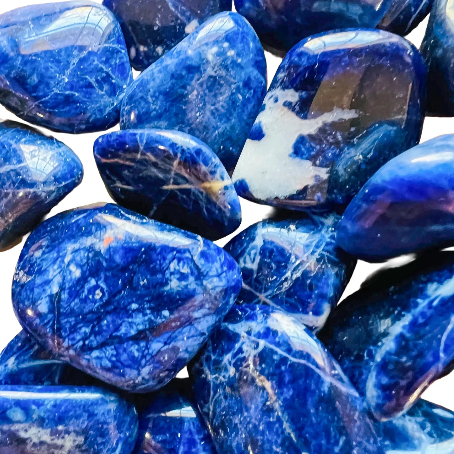Magnified detail of Sodalite tumbled stone, traditionally used for Focus.