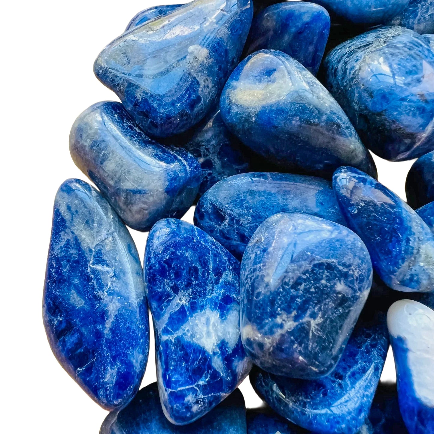 Bird's-eye view of Sodalite tumbled stone, showing subtle veining, hand-selected from Bahia, Brazil.