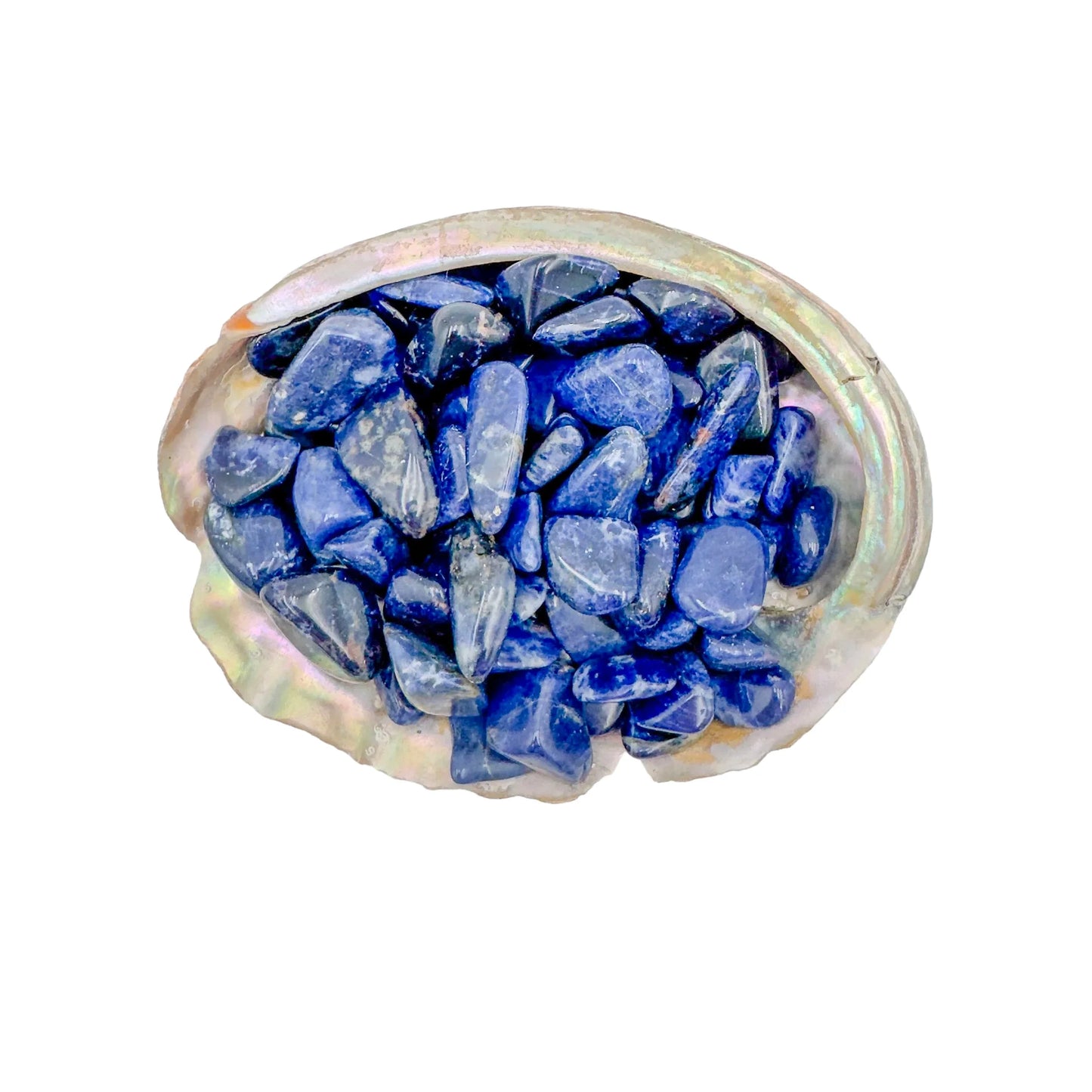Up-close view of Sodalite tumbled stone, showing matte finish.
