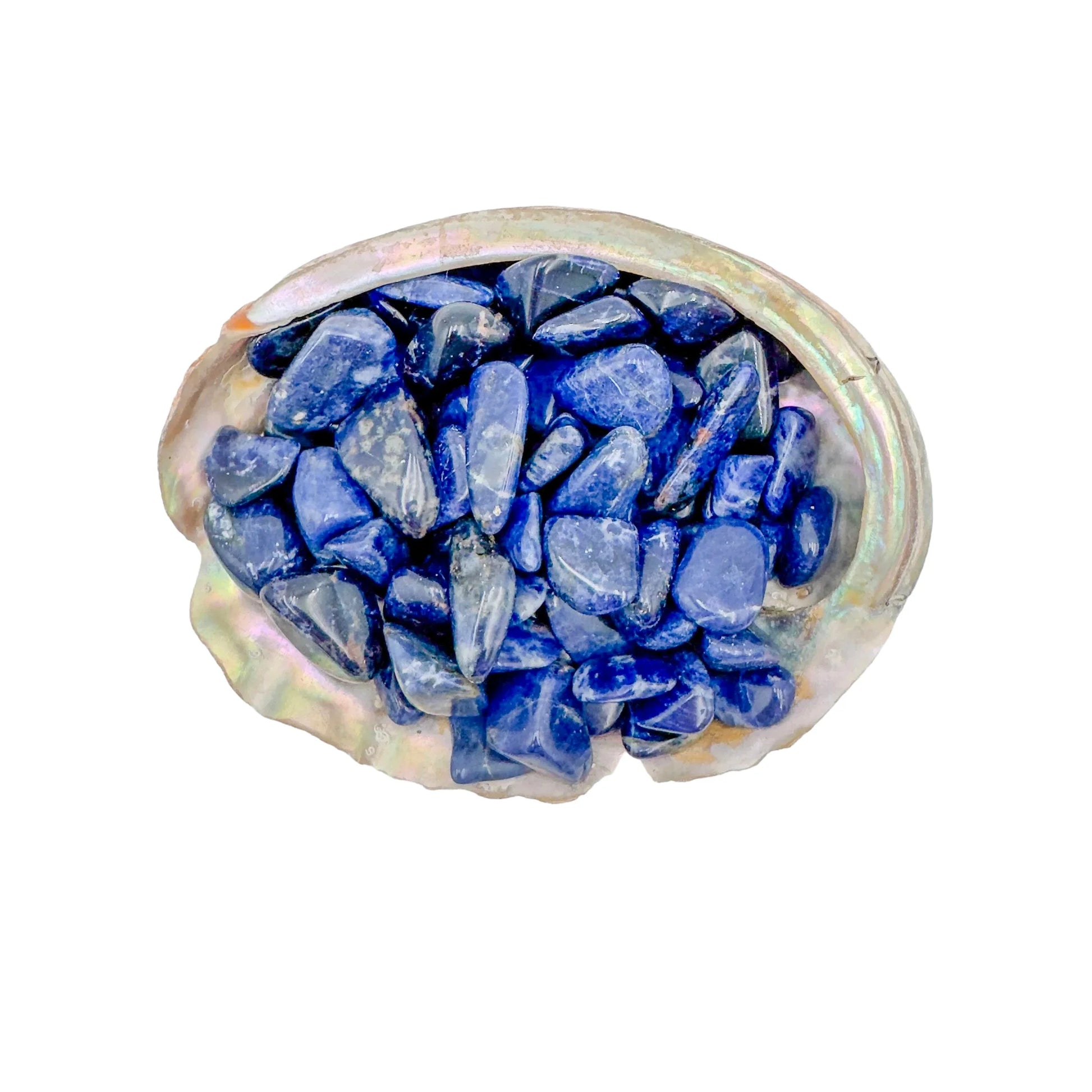 Up-close view of Sodalite tumbled stone, showing matte finish.