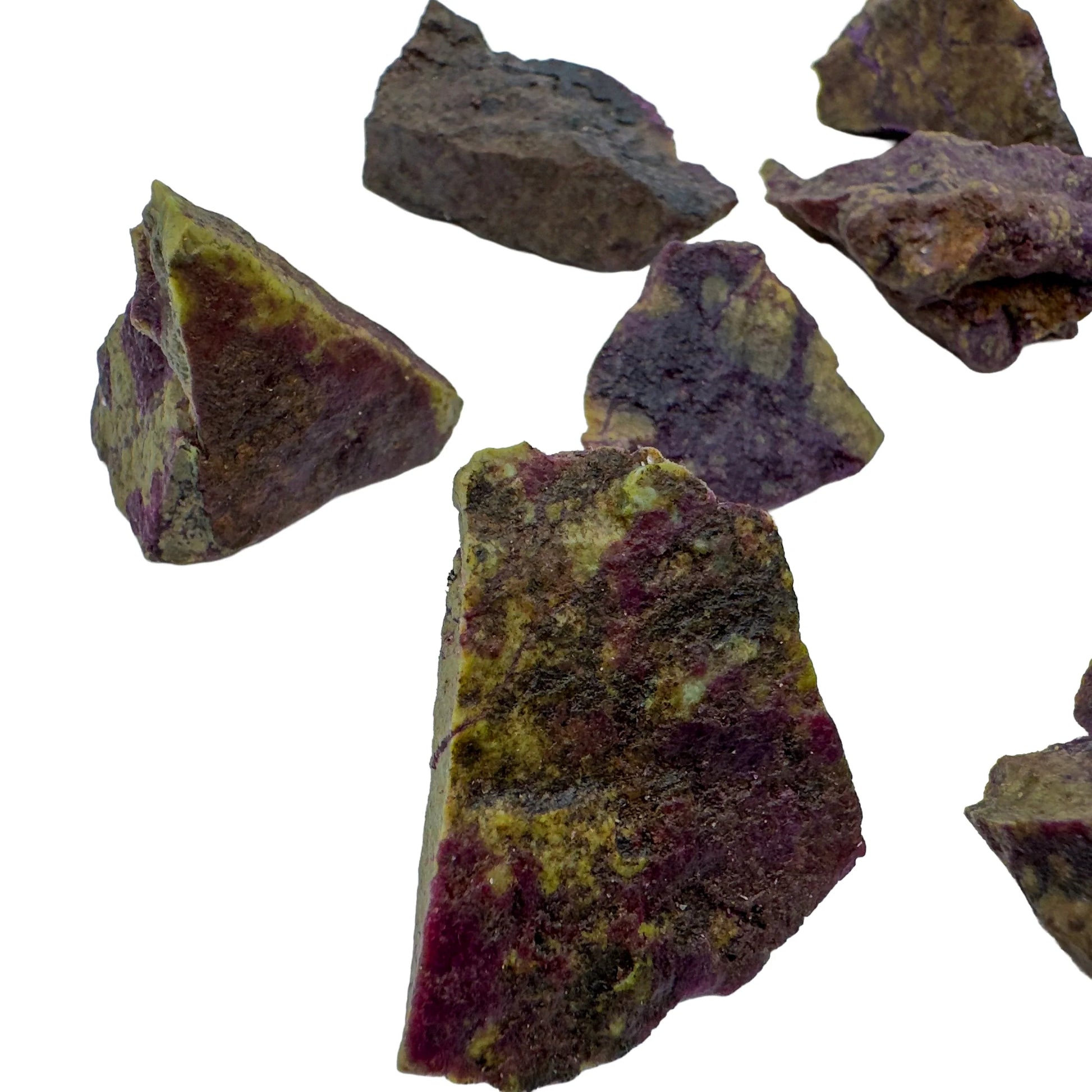 Overhead view of purple Stichtite raw stone, sourced from South Africa, showing characteristic patterning.