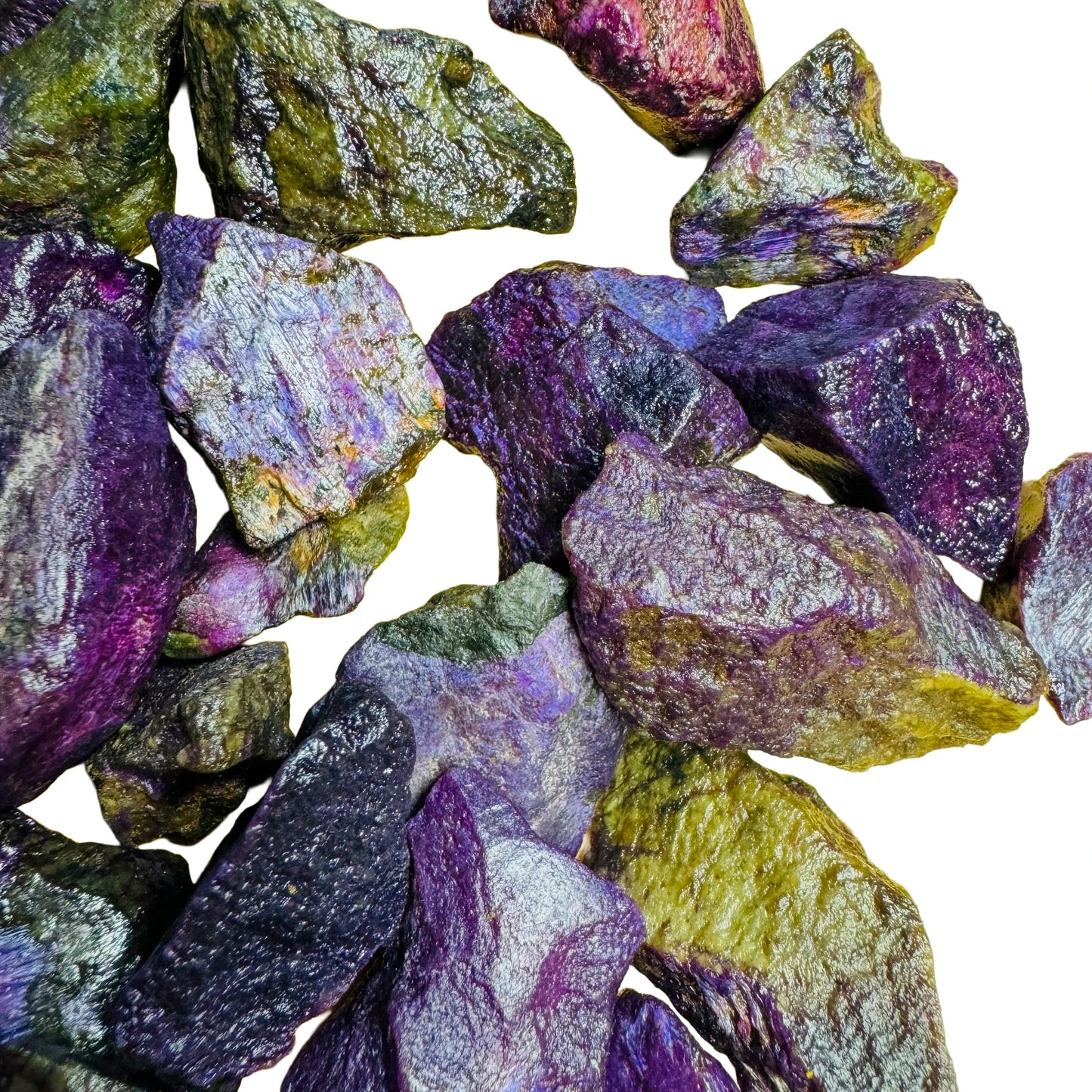 Back view of Stichtite raw stone, sourced from Mpumalanga, South Africa, showing characteristic color.