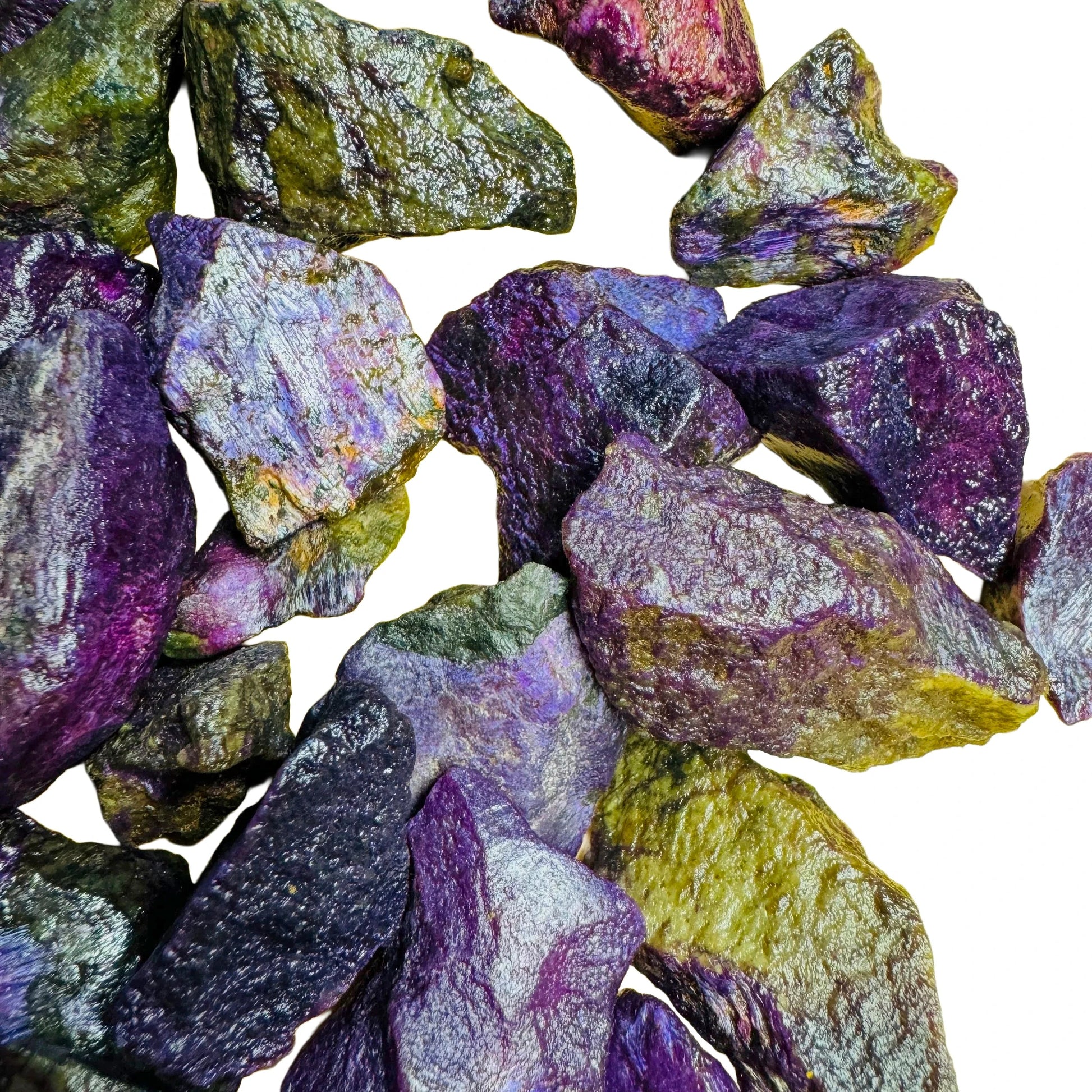 Back view of Stichtite raw stone, sourced from Mpumalanga, South Africa, showing characteristic color.