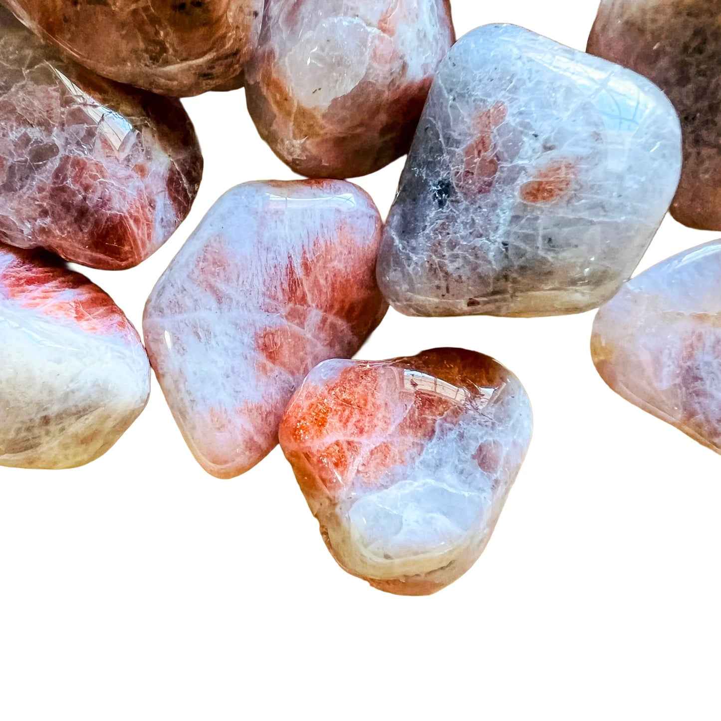 Macro view of Sunstone tumbled stone, for Confidence, showing natural variation.