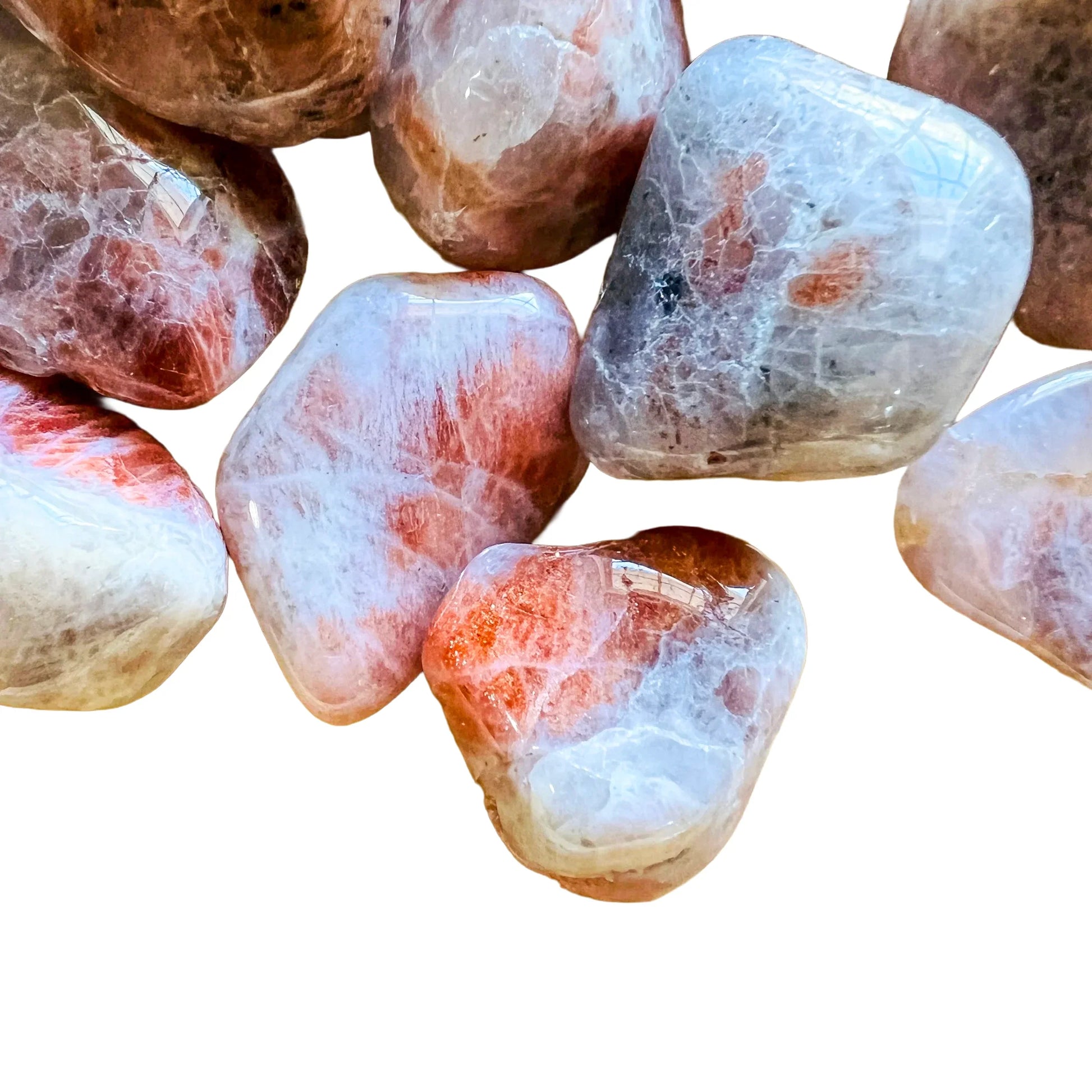 Macro view of Sunstone tumbled stone, for Confidence, showing natural variation.