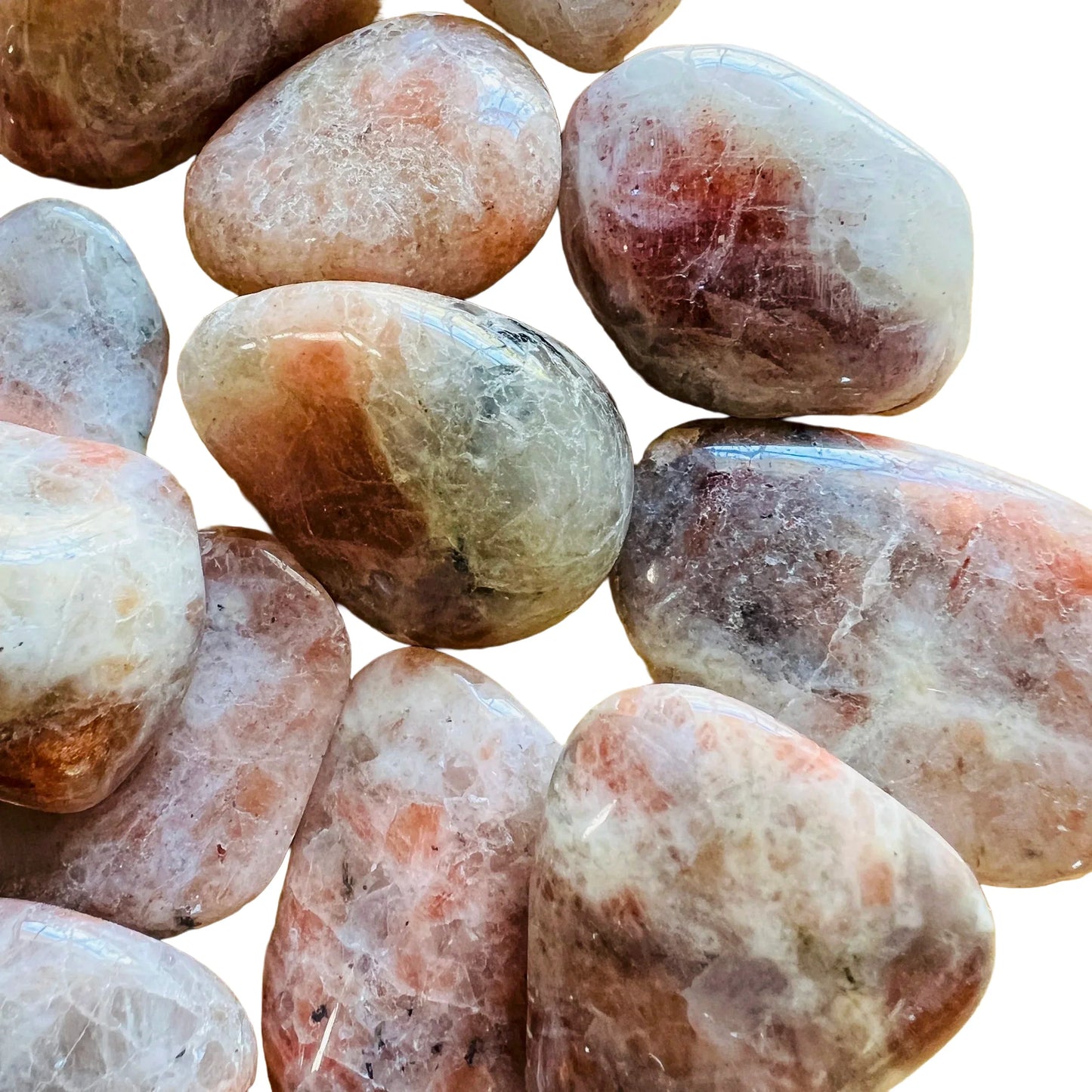 Daylight view of a single Sunstone tumbled stone from Tanzania.