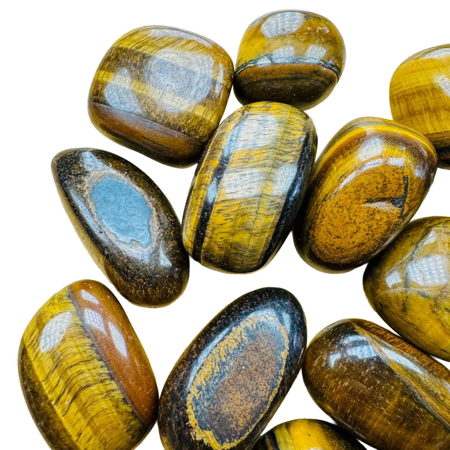 Rear view of Tiger Eye tumbled stone, from Northern Cape, South Africa, showing characteristic finish.