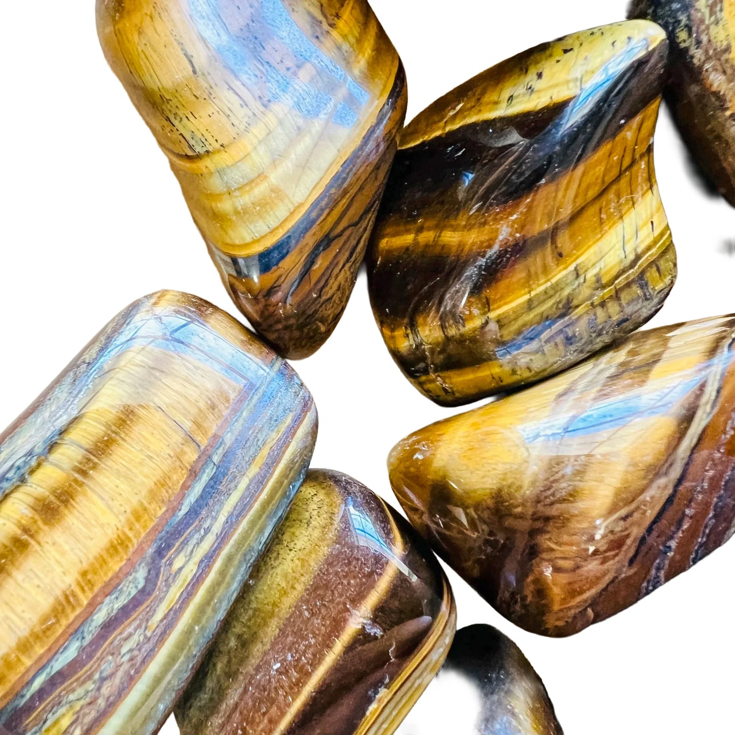 Full profile of Grade A Tiger Eye tumbled stone ready to ship from Beyond Bohemian