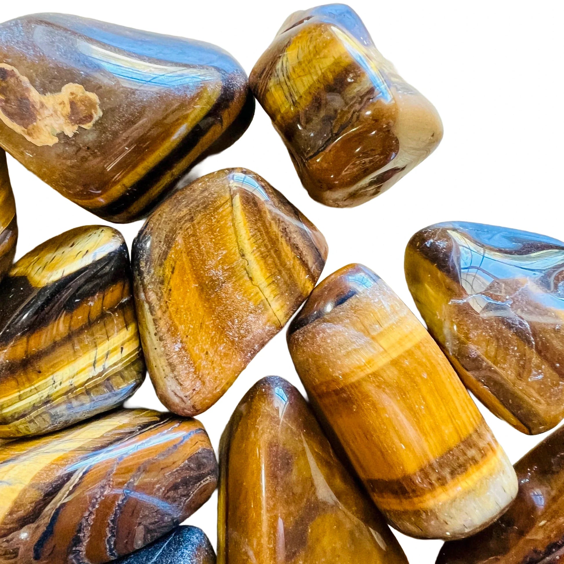 Full profile of Grade A Tiger Eye tumbled stone ready to ship from Beyond Bohemian