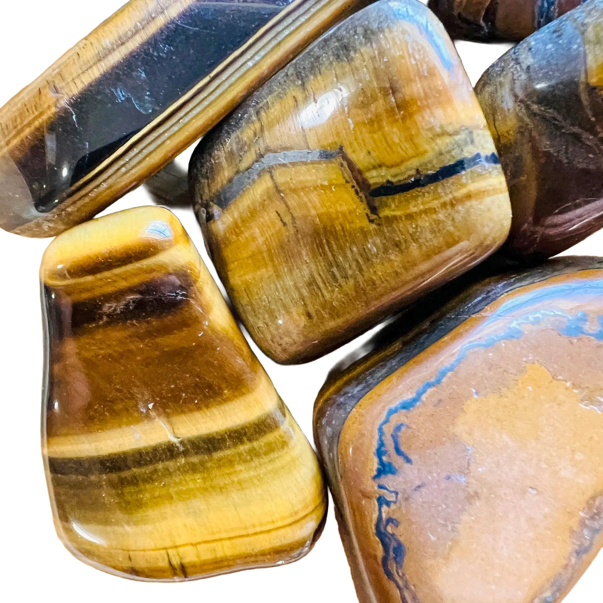 Full profile of Grade A Tiger Eye tumbled stone ready to ship from Beyond Bohemian