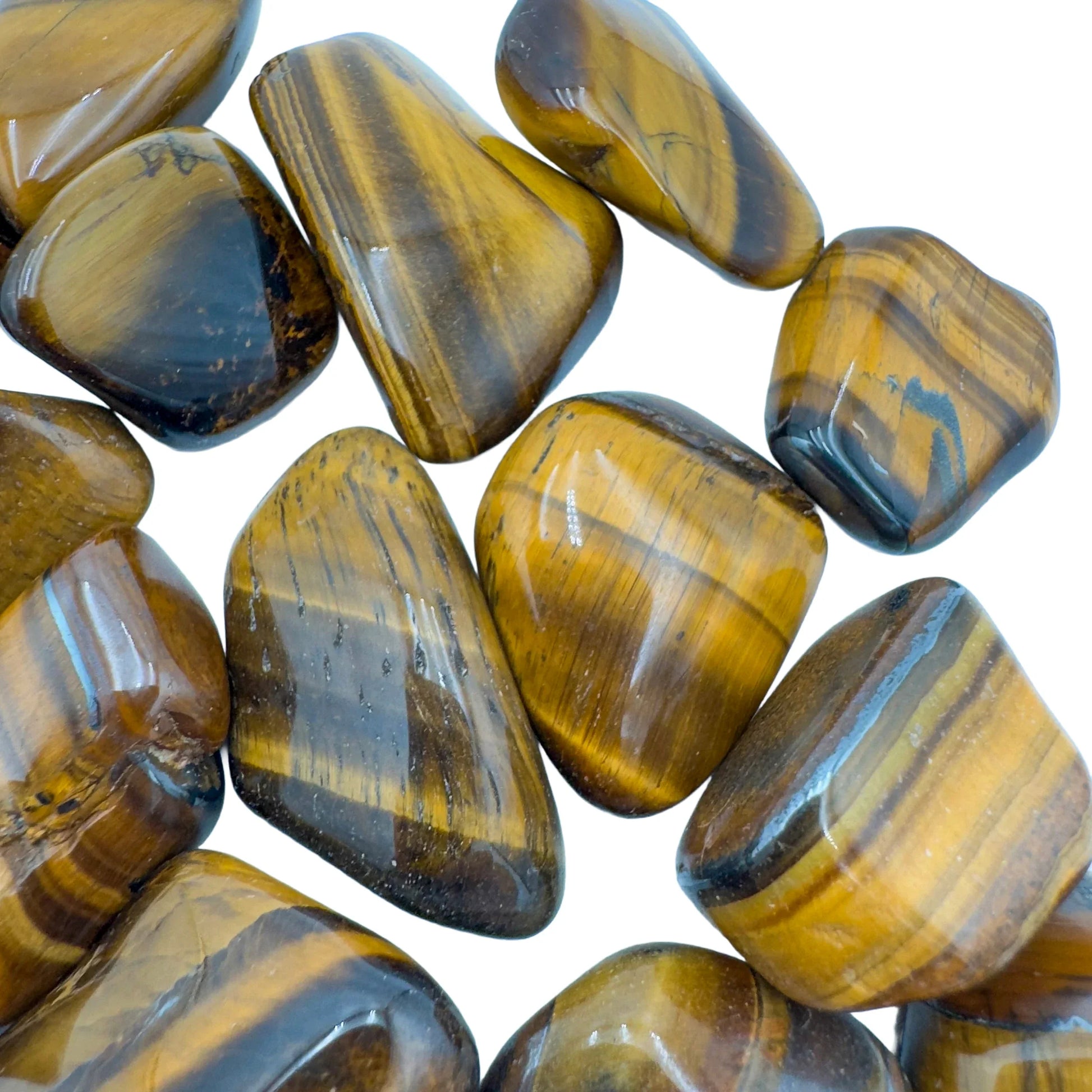 Lifestyle view of a Tiger Eye tumbled stone held against natural backdrop.