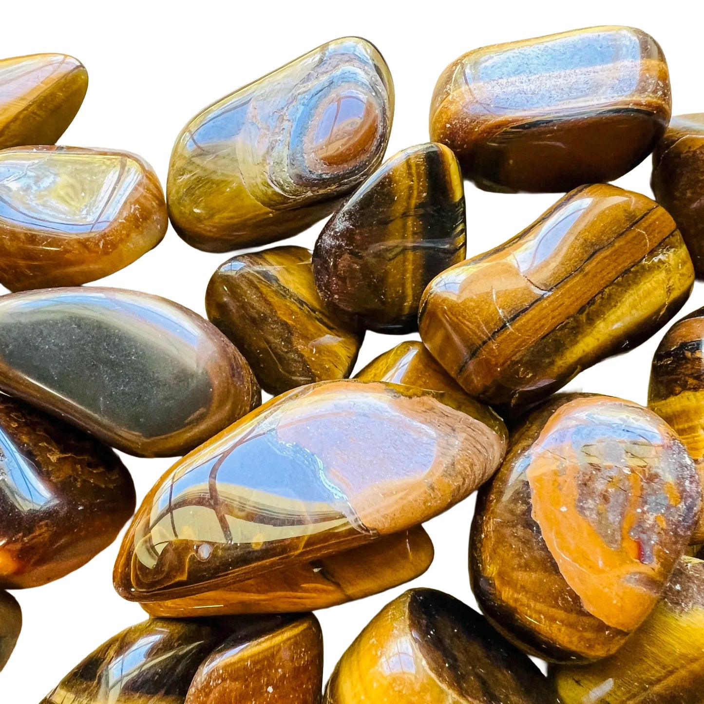 Full profile of Grade A Tiger Eye tumbled stone ready to ship from Beyond Bohemian