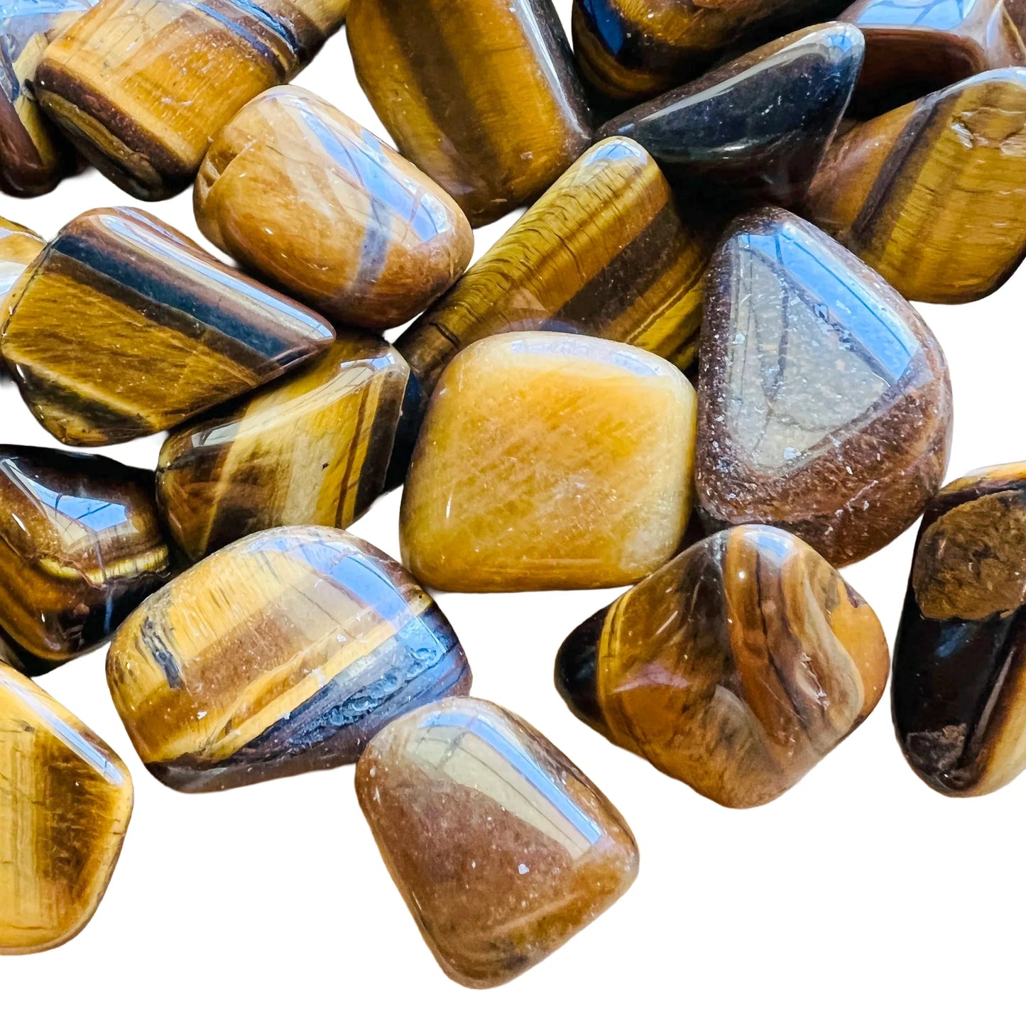 Full profile of Grade A Tiger Eye tumbled stone ready to ship from Beyond Bohemian