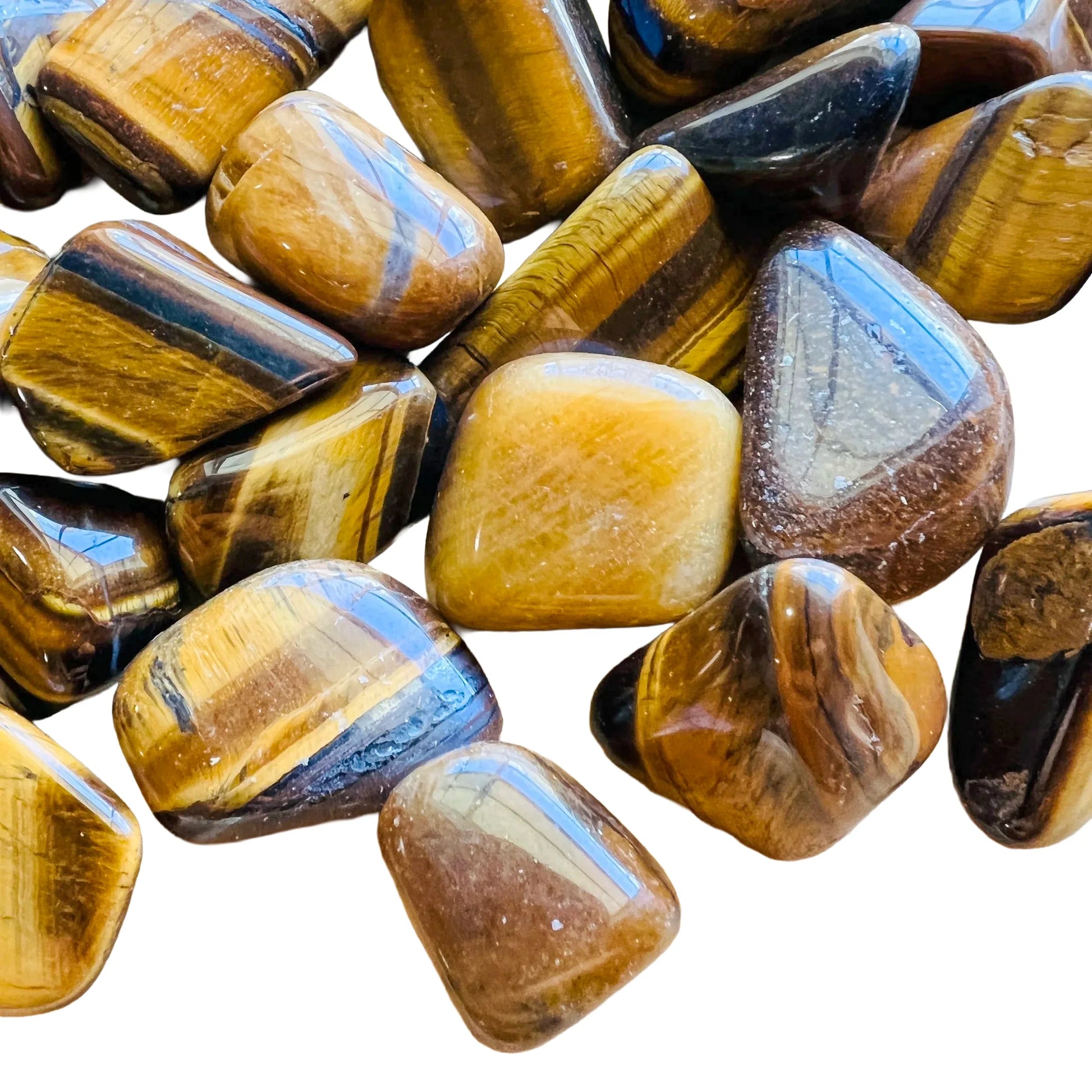 Full profile of Grade A Tiger Eye tumbled stone ready to ship from Beyond Bohemian