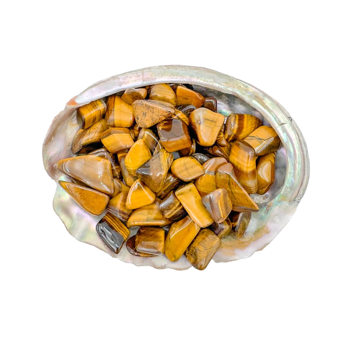 Detail capture of Grade A Tiger Eye tumbled stone, traditionally used for Confidence and Career, South Africa-sourced.