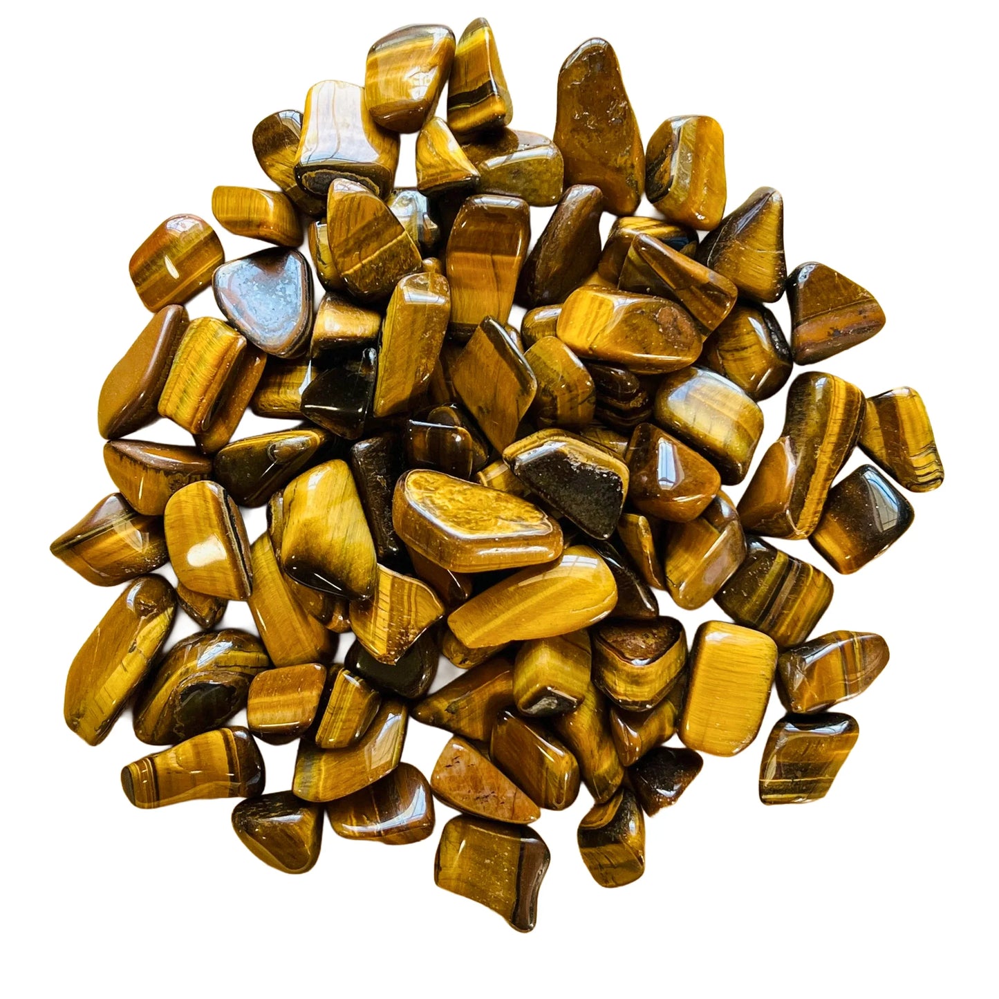 Detail shot of Grade A Tiger Eye tumbled stone under natural light