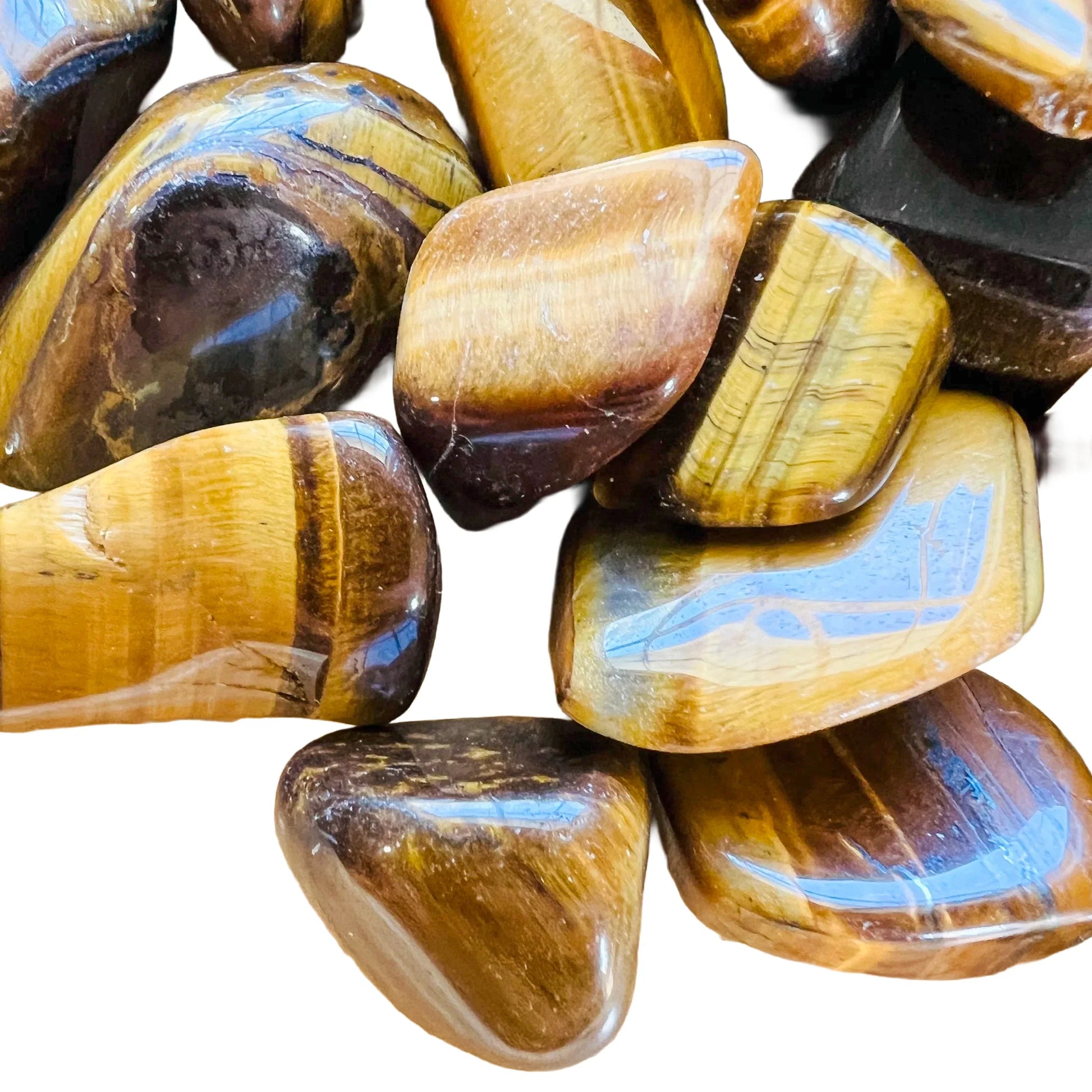 Full profile of Grade A Tiger Eye tumbled stone ready to ship from Beyond Bohemian