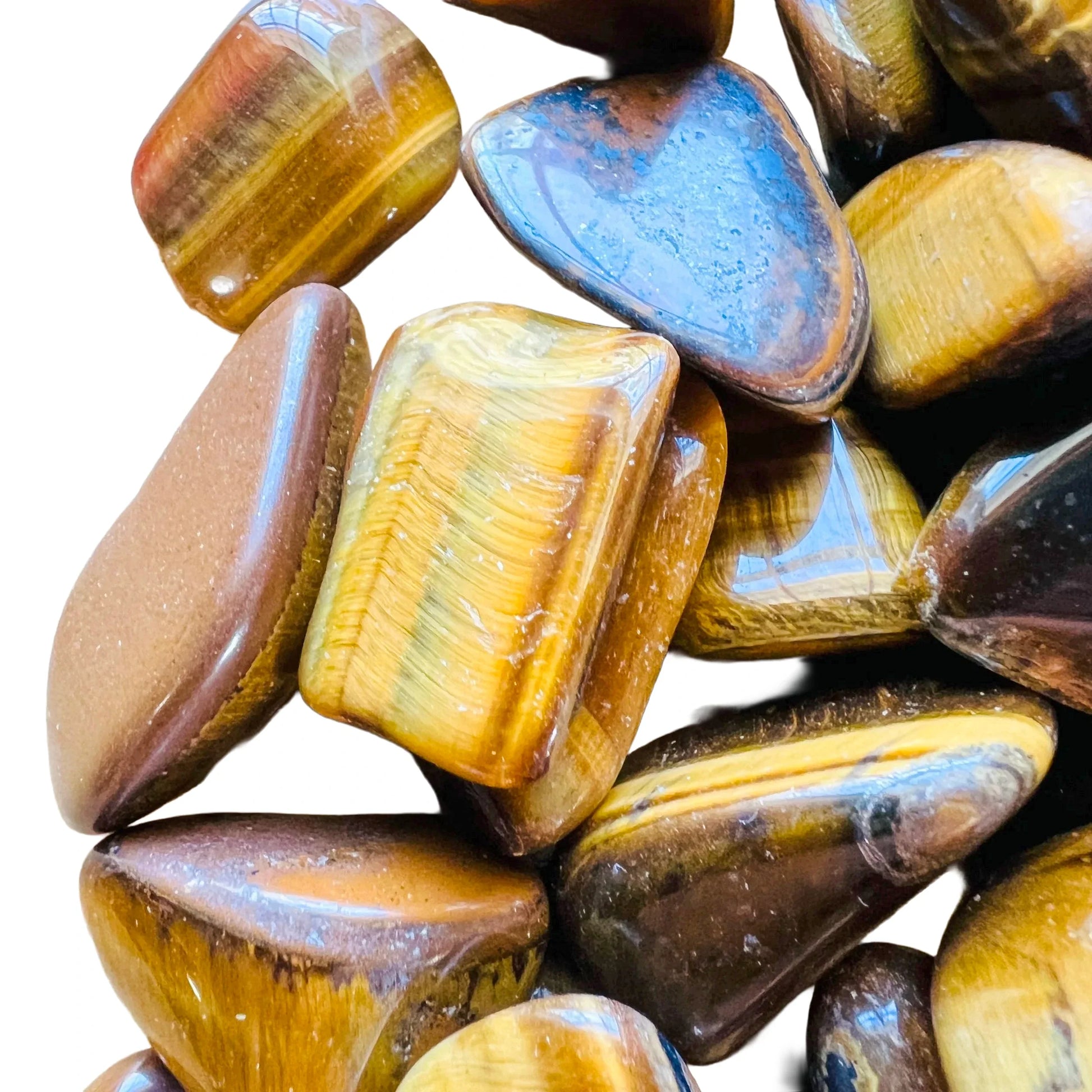 Full profile of Grade A Tiger Eye tumbled stone ready to ship from Beyond Bohemian