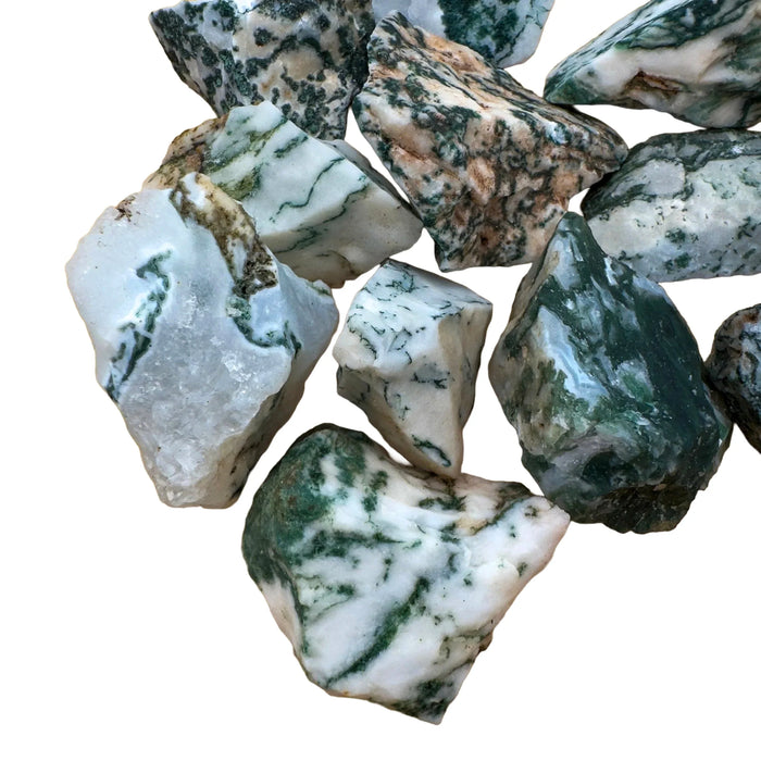 Up-close view of Grade A green Tree Agate raw stone, showing honest grain.