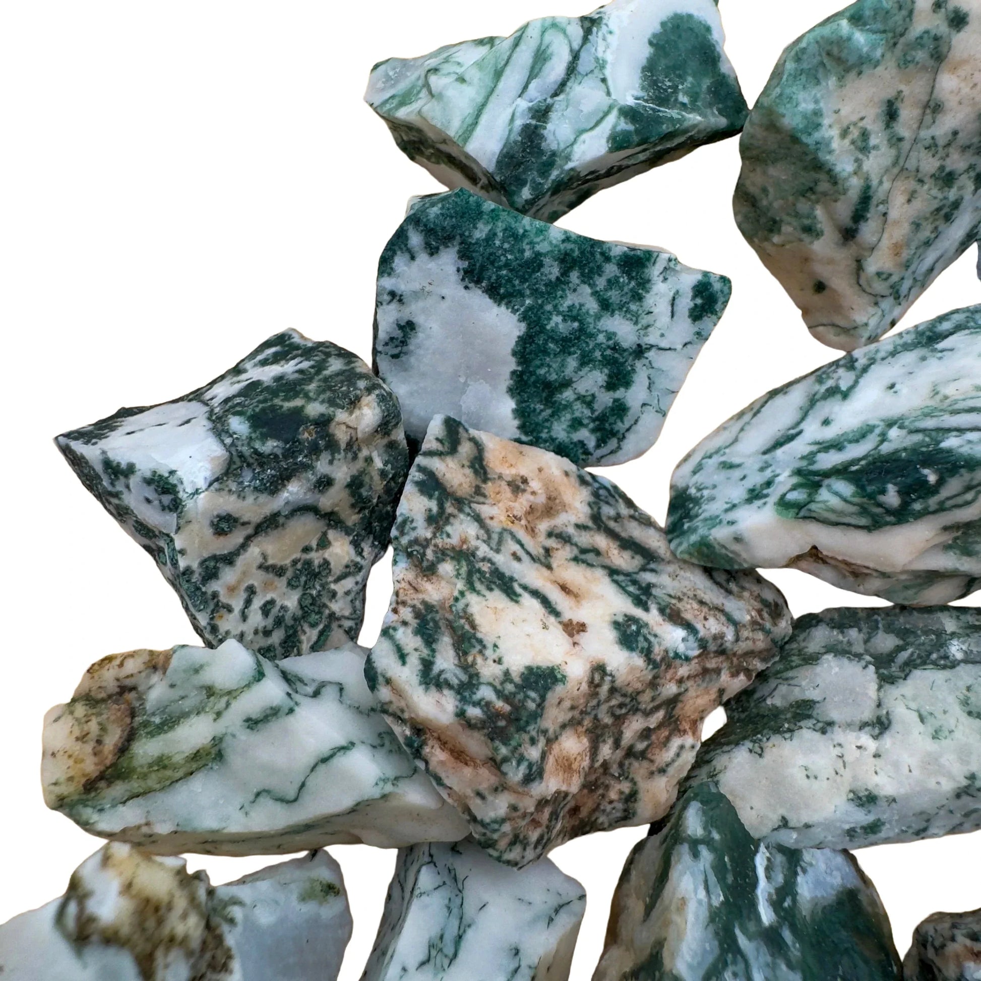 Profile view of green Tree Agate raw stone, turned to for Healing, from Central District, Botswana.
