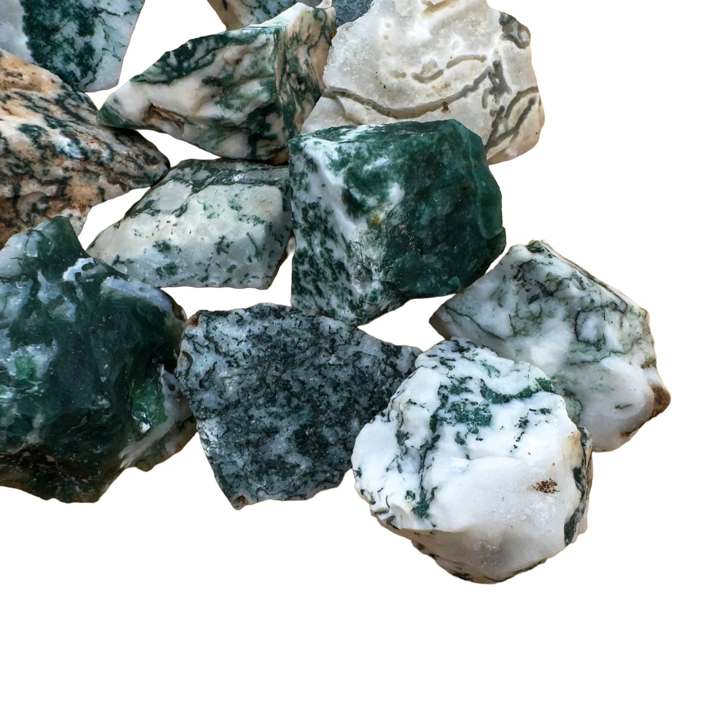 Rear view of Tree Agate raw stone, from Botswana, showing characteristic patterning.