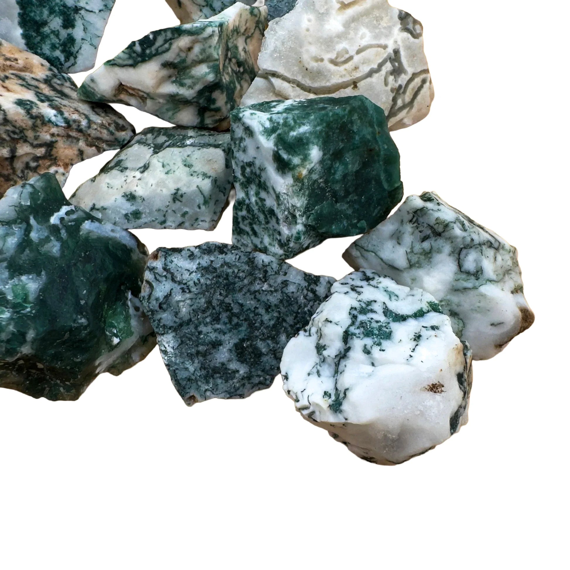 Rear view of Tree Agate raw stone, from Botswana, showing characteristic patterning.