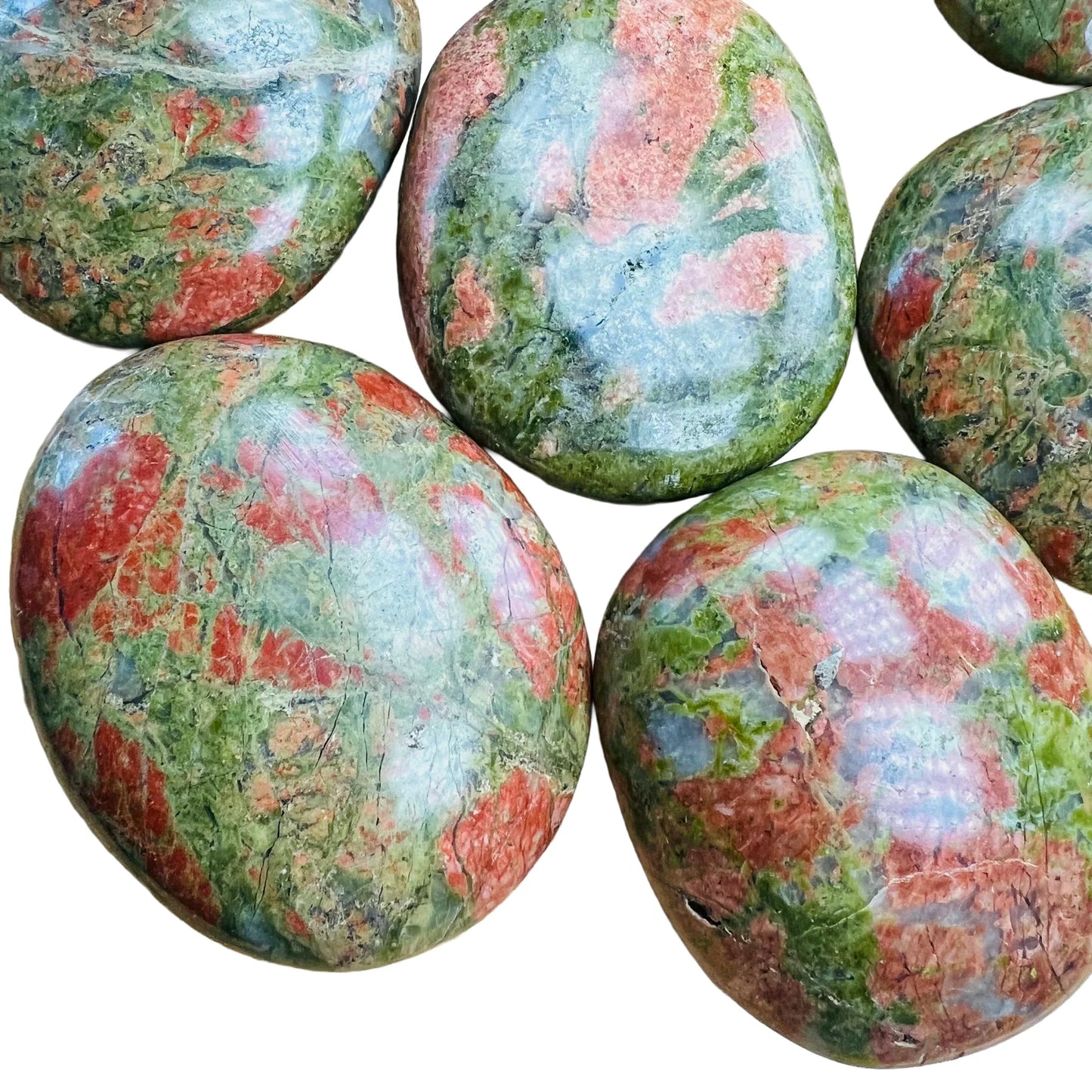 Detail shot showing Unakite palm stone, from Northern Cape, South Africa.