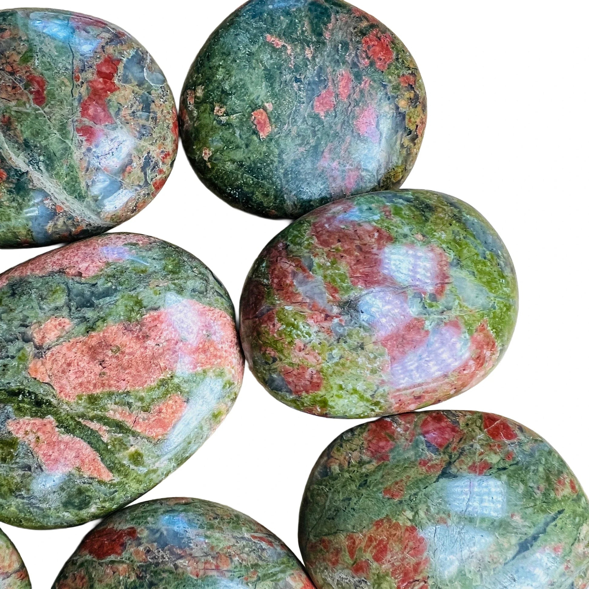 Opposite side of Unakite palm stone, sourced from Northern Cape, South Africa, often kept for Emotional Healing and Healing.