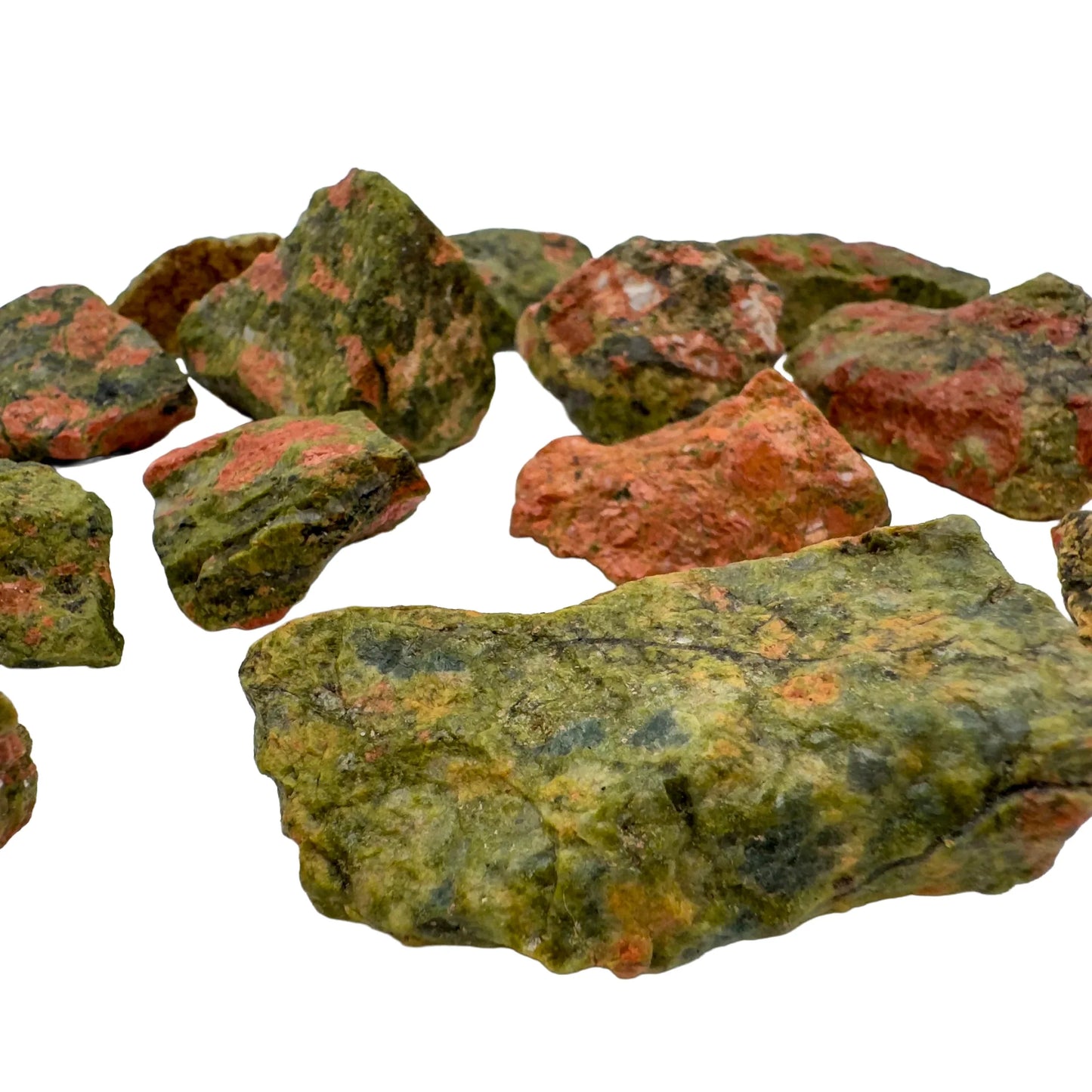 Profile view of Grade AA Unakite raw stone, for Emotional Healing.