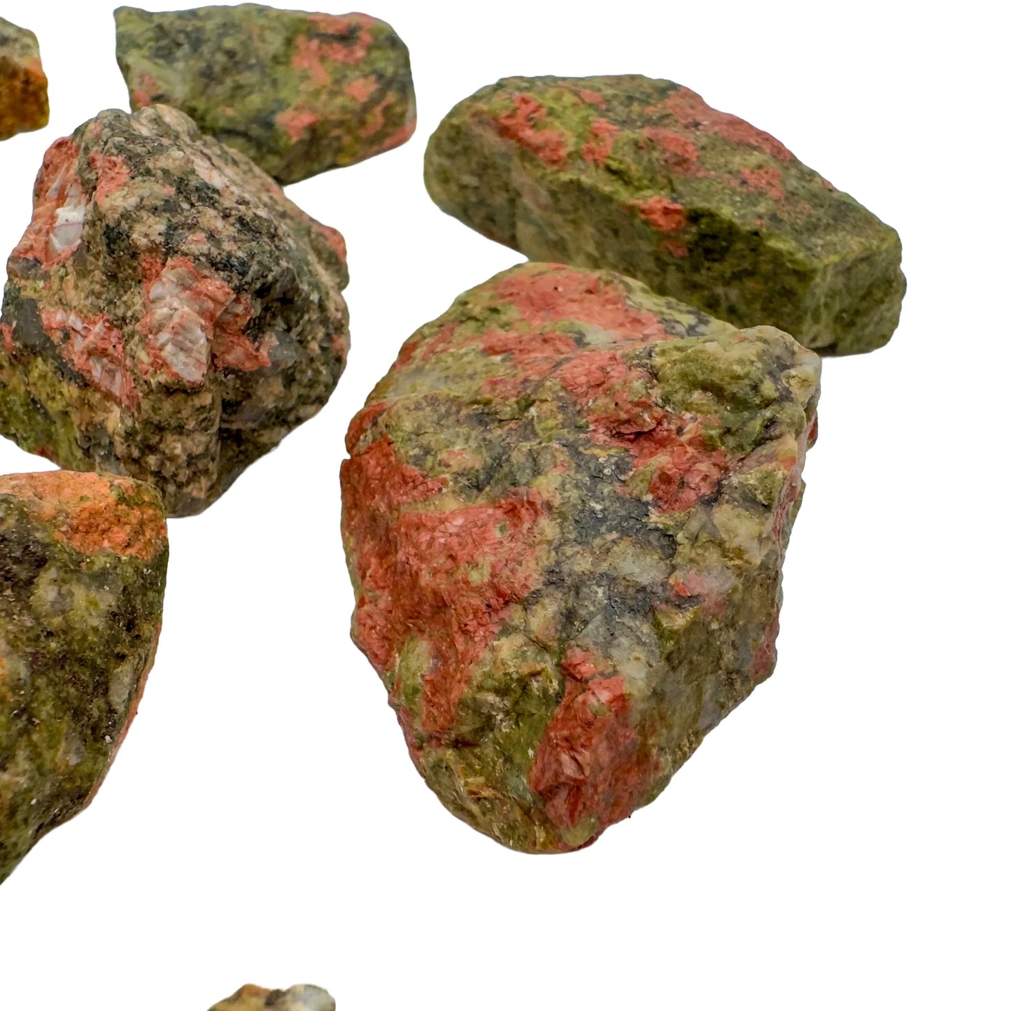 Top view of Grade AA Unakite raw stone, South Africa-sourced.