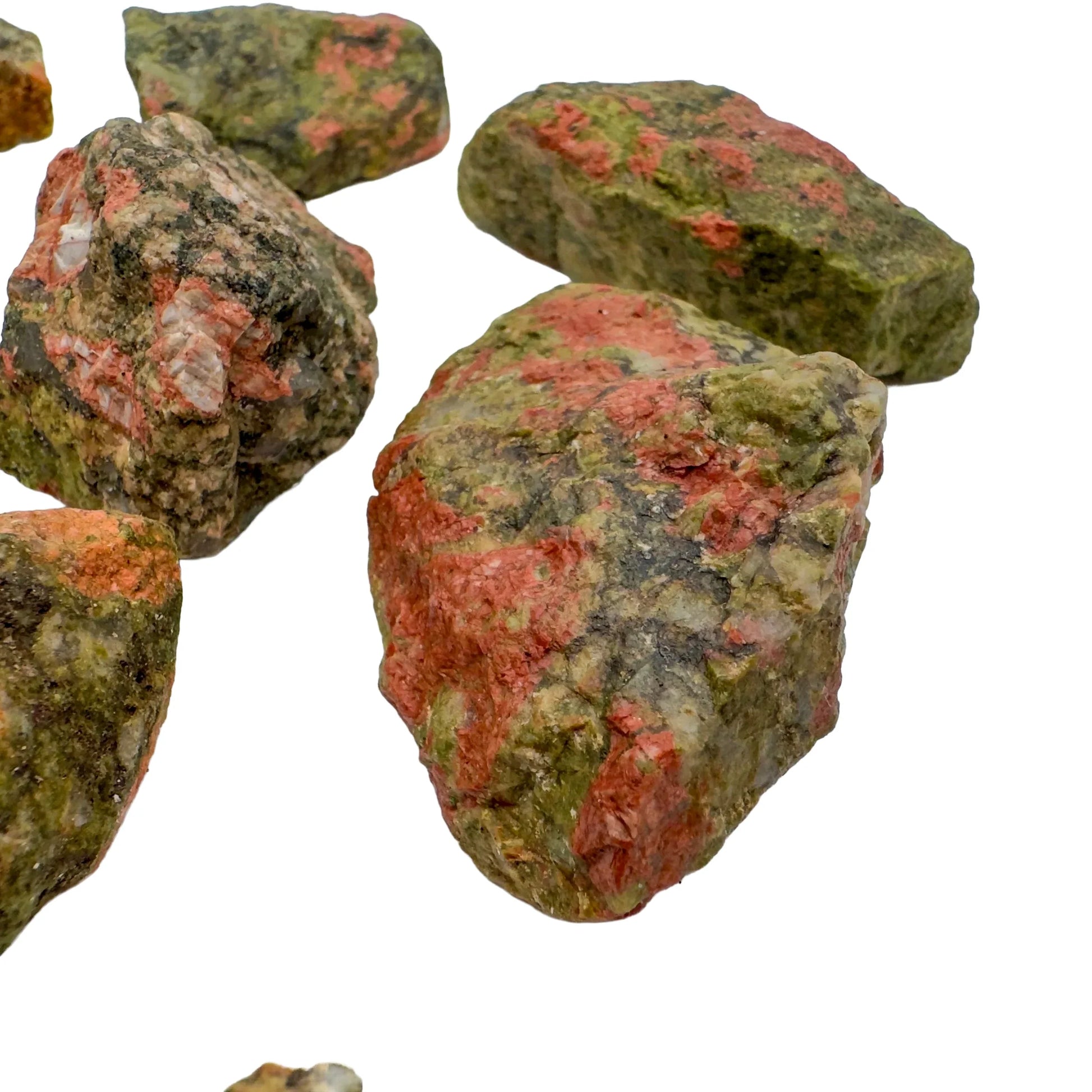 Top view of Grade AA Unakite raw stone, South Africa-sourced.