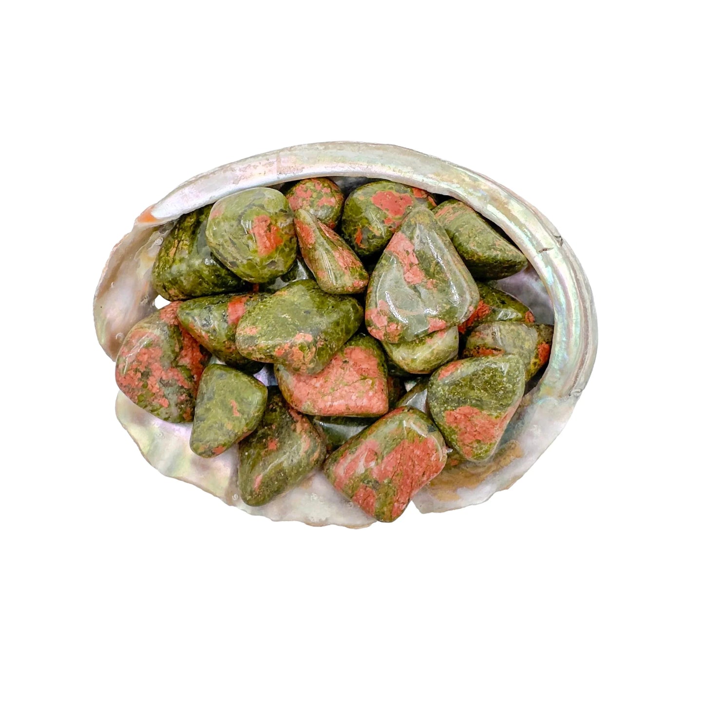 Near view of Grade AA Unakite tumbled stone, linked to Emotional Healing and Healing, showing natural texture.