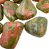 Overhead angle of Unakite tumbled stone, showing natural texture.