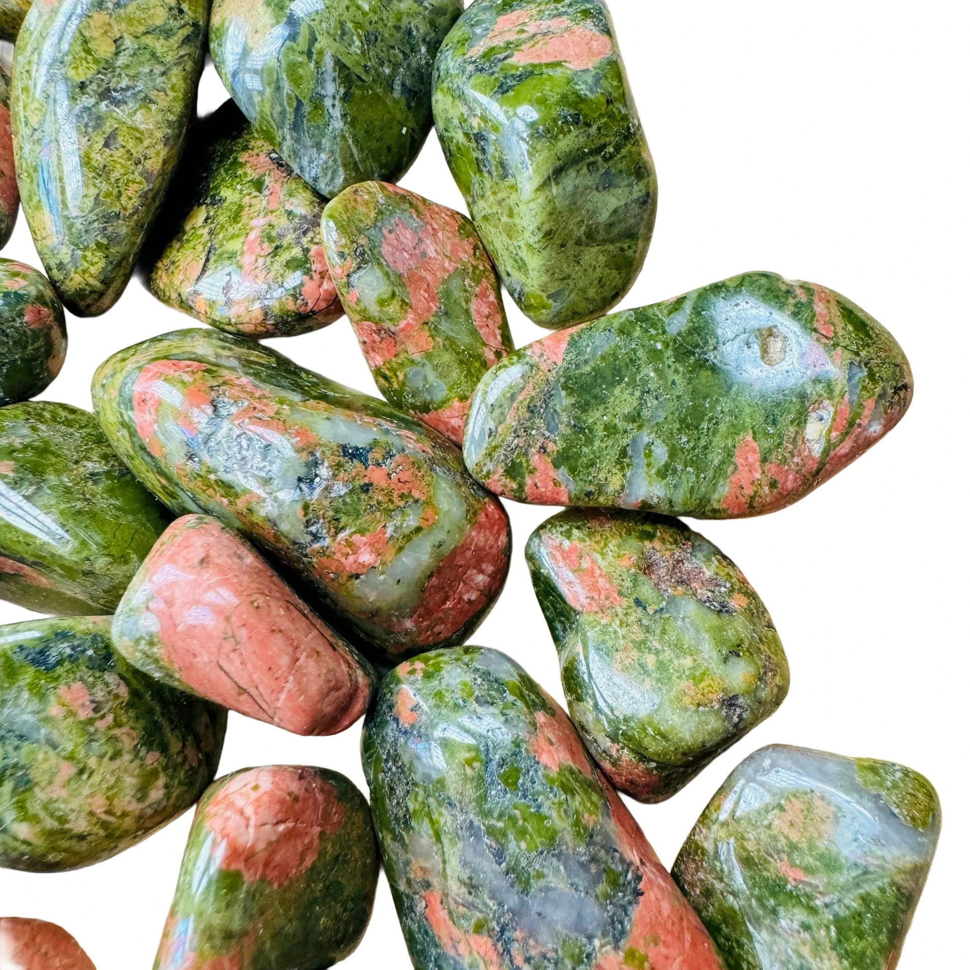Top angle of Unakite tumbled stone, hand-selected from Northern Cape, South Africa, showing characteristic finish.