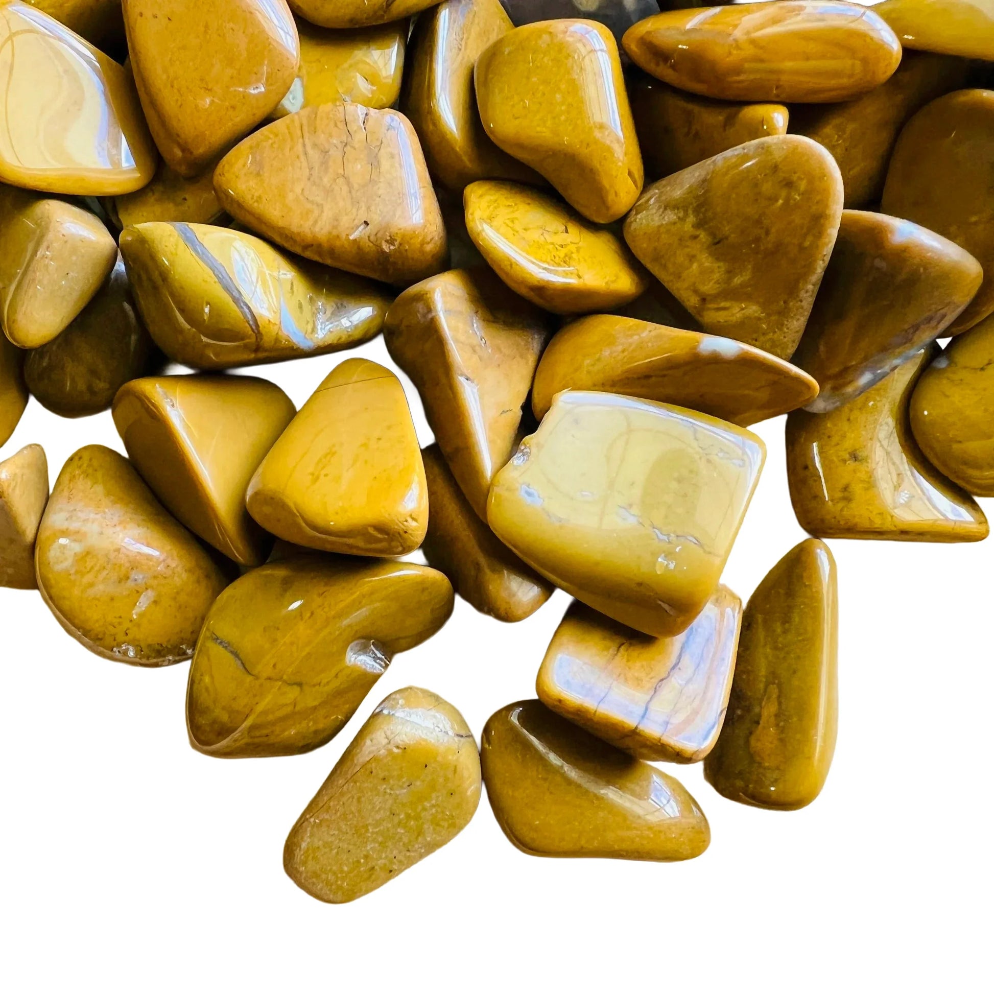 Field-of-view of Yellow Jasper tumbled stone, often kept for Energy, in the warmth of daylight.