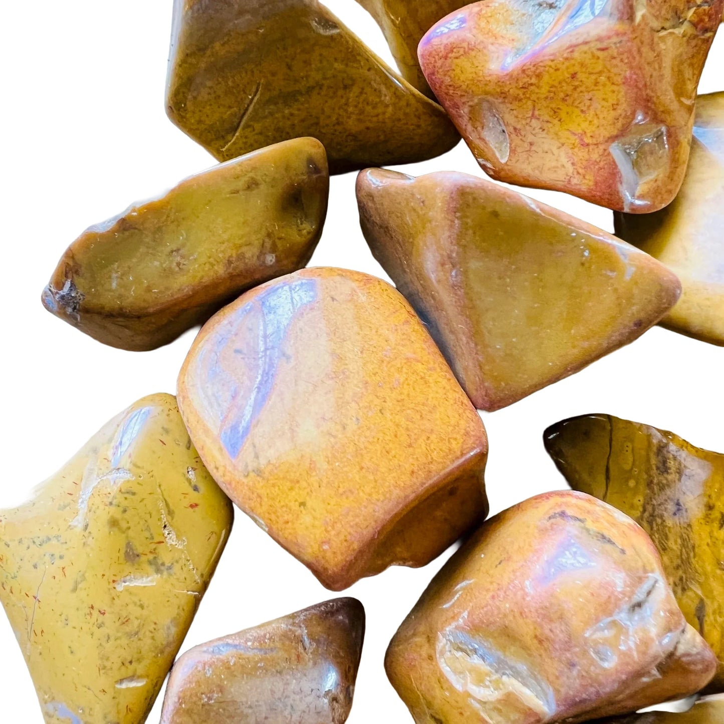 Top view of Yellow Jasper tumbled stone, from Madagascar.